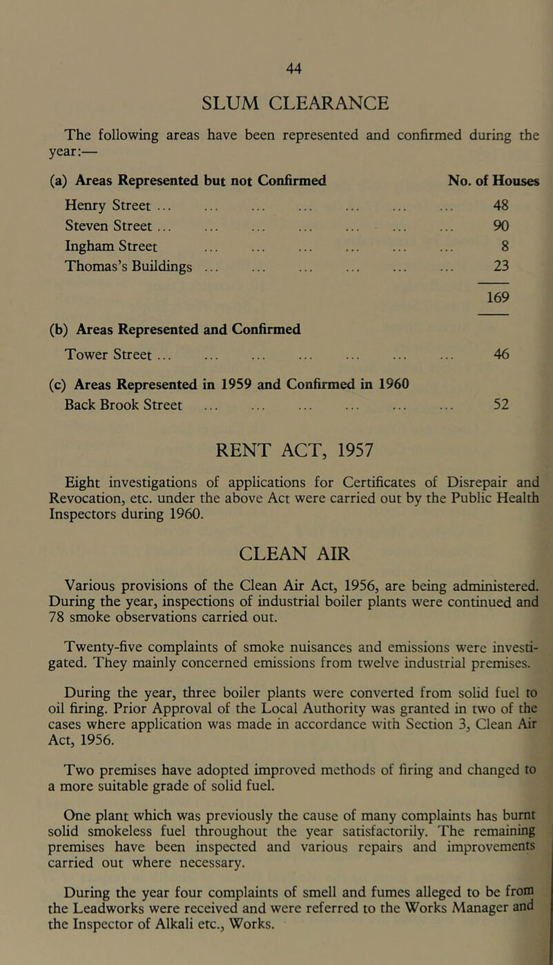 SLUM CLEARANCE The following areas have been represented and confirmed during the year:— (a) Areas Represented but not Confirmed No. of Houses Henry Street ... ... ... ... ... ... ... 48 Steven Street... ... ... ... ... ... ... 90 Ingham Street ... ... ... ... ... ... 8 Thomas’s Buildings ... ... ... ... ... ... 23 169 (b) Areas Represented and Confirmed Tower Street ... ... ... ... ... ... ... 46 (c) Areas Represented in 1959 and Confirmed in 1960 Back Brook Street ... ... ... ... ... ... 52 RENT ACT, 1957 Eight investigations of applications for Certificates of Disrepair and Revocation, etc. under the above Act were carried out by the Public Health Inspectors during 1960. CLEAN AIR Various provisions of the Clean Air Act, 1956, are being administered. During the year, inspections of industrial boiler plants were continued and 78 smoke observations carried out. Twenty-five complaints of smoke nuisances and emissions were invesd- gated. They mainly concerned emissions from twelve industrial premises. During the year, three boiler plants were converted from solid fuel to oil firing. Prior Approval of the Local Authority was granted in two of the cases where application was made in accordance with Section 3, Clean Air Act, 1956. Two premises have adopted improved methods of firing and changed to a more suitable grade of solid fuel. One plant which was previously the cause of many complaints has burnt solid smokeless fuel throughout the year satisfactorily. The remaining premises have been inspected and various repairs and improvements carried out where necessary. During the year four complaints of smell and fumes alleged to be from the Leadworks were received and were referred to the Works Manager and the Inspector of Alkali etc., Works.