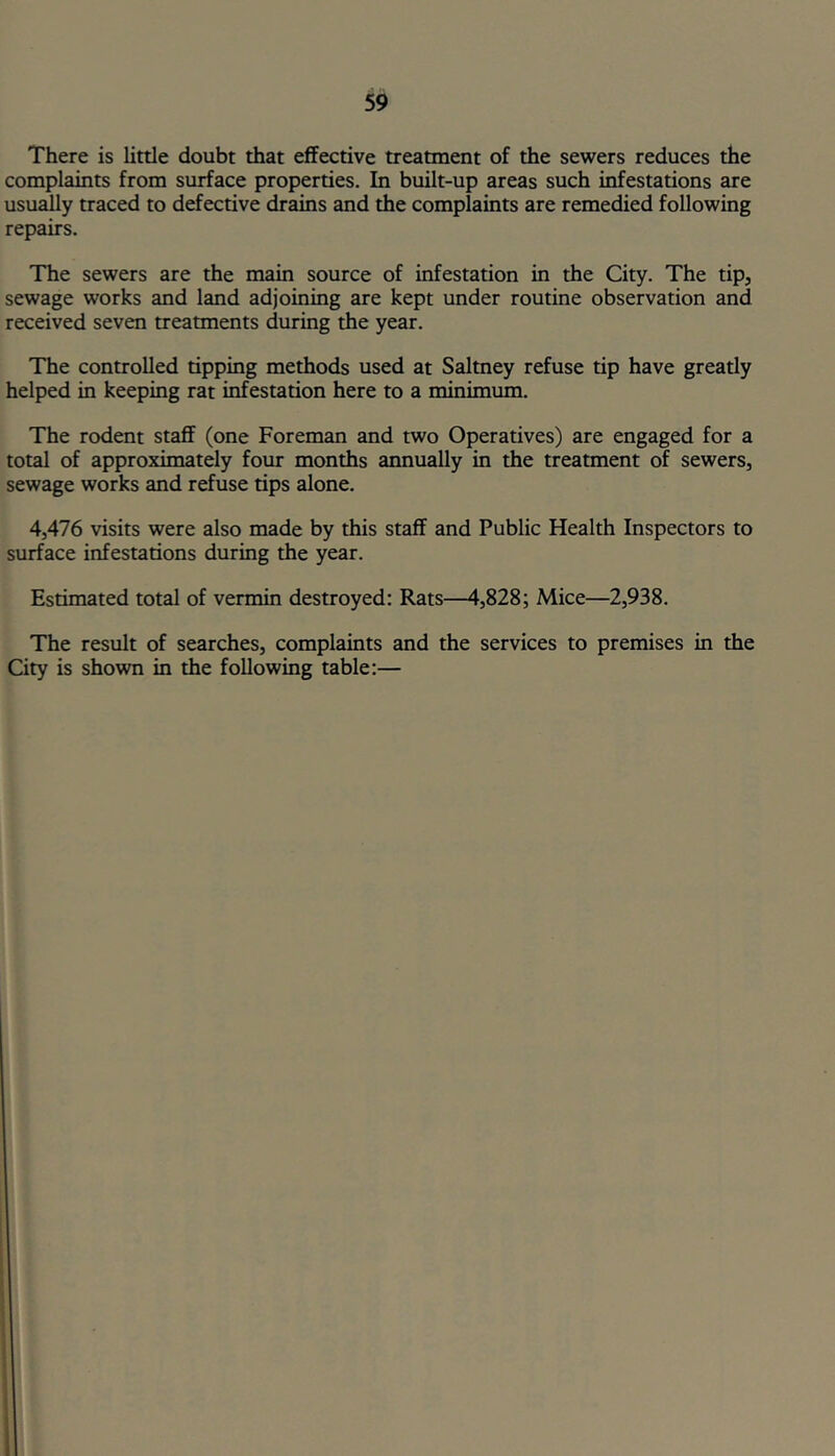 There is little doubt that effective treatment of the sewers reduces the complaints from surface properties. In built-up areas such infestations are usually traced to defective drains and the complaints are remedied following repairs. The sewers are the main source of infestation in the City. The tip, sewage works and land adjoining are kept under routine observation and received seven treatments during the year. The controlled tipping methods used at Saltney refuse tip have greatly helped in keeping rat infestation here to a minimmn. The rodent staff (one Foreman and two Operatives) are engaged for a total of approximately four months annually in the treatment of sewers, sewage works and refuse tips alone. 4,476 visits were also made by this staff and Public Health Inspectors to surface infestations during the year. Estimated total of vermin destroyed: Rats—4,828; Mice—2,938. The result of searches, complaints and the services to premises in the City is shown in the following table:—