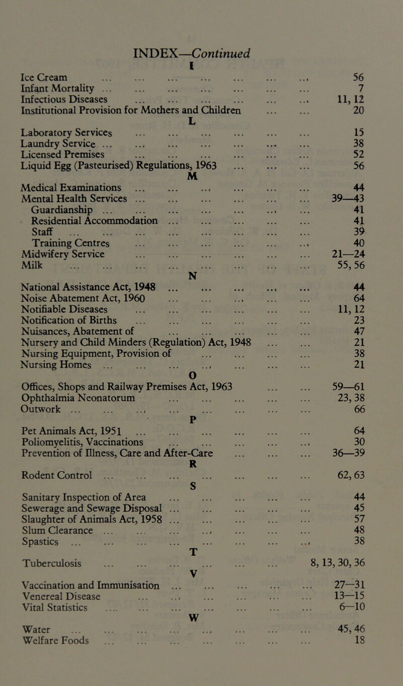 INDEX—Continued 1 ICC v^ream Infant Mortality ... JO 7 Infectious Diseases 11,12 Institutional Provision for Mothers and Children I 20 Laboratory Services 15 Laundry Service ... 38 Licensed Premises 52 Liquid Egg (Pasteurised) Regulations, 1963 56 M Medical Examinations 44 Mental Health Services ... 39—43 Guardianship ... • • 1 41 ‘ Residential Accommodation 41 Staff 39 Training Centres 40 Midwifery Service 21—24 Milk 55,56 N National Assistance Act, 1948 • • 4 44 Noise Abatement Act, I960 64 Notifiable Diseases 11,12 Notification of Births 23 Nuisances, Abatement of 47 Nursery and Child Minders (Regulation) Act, 1948 21 Nursing Equipment, Provision of 38 Nursing Homes ... 21 O Offices, Shops and Railway Premises Act, 1963 59—61 Ophthalmia Neonatorum 23,38 Outwork ... 66 It Pet Animals Act, 1951 64 Poliomyelitis, Vaccinations 30 Prevention of Illness, Care and After-Care 36—39 K Rodent Control ... O 62,63 o Sanitary Inspection of Area 44 Sewerage and Sewage Disposal ... 45 Slaughter of Animals Act, 1958 ... 57 Slum Clearance ... 48 Spastics 38 T Tuberculosis ... 8,13, 30, 36 V Vaccination and Immunisation ... • • » 27—31 Venereal Disease • • . 13—15 Vital Statistics • • • 6-10 W Water ... ... ... ... • • • 45,46 Welfare Foods • • « 18