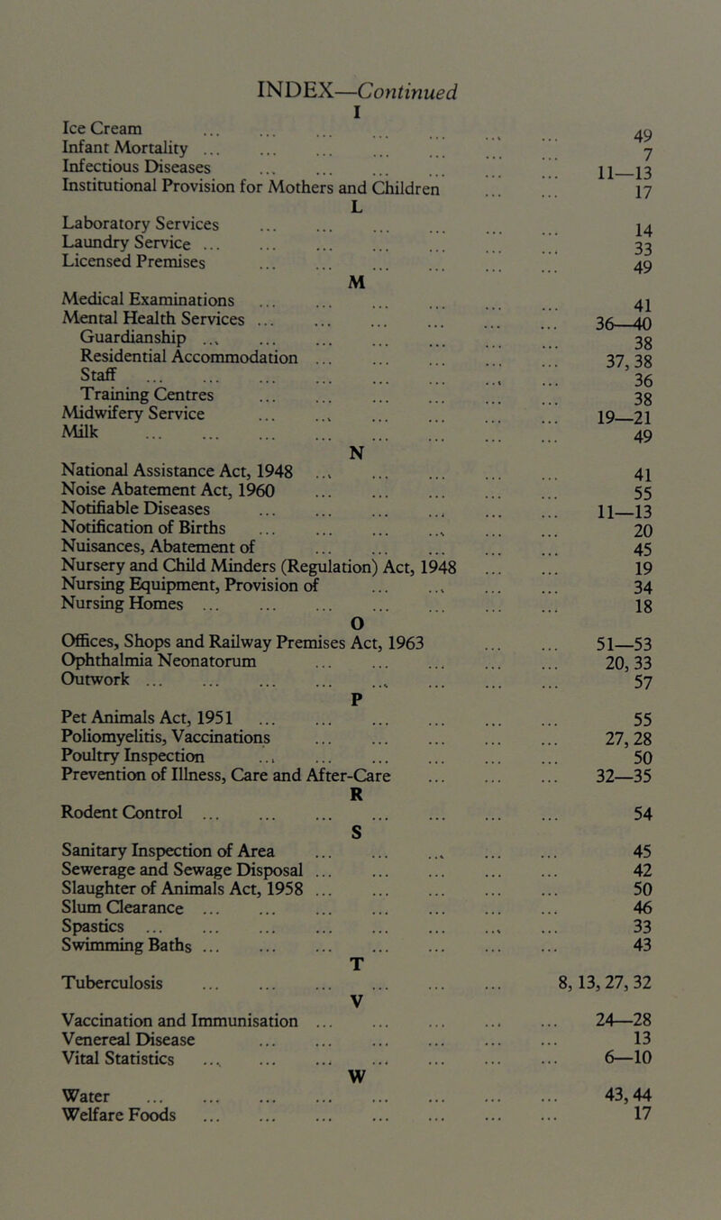 INDEX—Continued I Ice Cream Infant Mortality Infectious Diseases Institutional Provision for Mothers and Children L Laboratory Services Laundry Service Licensed Premises Medical Examinations Mental Health Services ... Guardianship .., Residential Accommodation Staff Training Centres Midwifery Service Milk M N National Assistance Act, 1948 Noise Abatement Act, 1960 Notifiable Diseases Notification of Births Nuisances, Abatement of Nursery and Child Minders (Regulation) Act, 19' Nursing Equipment, Provision erf Nursing Homes O Offices, Shops and Railway Premises Act, 1963 Ophthalmia Neonatorum Outwork P Pet Animals Act, 1951 Poliomyelitis, Vaccinations Poultry Inspection Prevention of Illness, Care and After-Care Rodent Control ... S Sanitary Inspection of Area Sewerage and Sewage Disposal ... Slaughter of Animals Act, 1958 ... Slum Qearance Spastics Swimming Baths ... T Tuberculosis V Vaccination and Immunisation ... Venereal Disease Vital Statistics .. ^ W Water Welfare Foods 48 49 7 11—13 17 14 33 49 41 36-^ 38 37, 38 36 38 19—21 49 41 55 11—13 20 45 19 34 18 51—53 20, 33 57 55 27, 28 50 32—35 54 45 42 50 46 33 43 8,13,27, 32 24—28 13 6—10 43,44 17