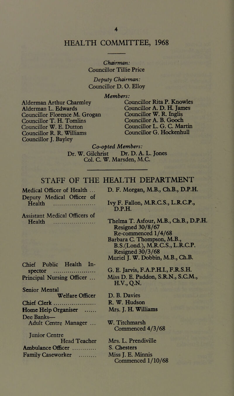 HEALTH COMMITTEE, 1968 Chairman: Councillor Tillie Price Deputy Chairman: Councillor D. O. Elloy Alderman Arthur Charmley Alderman L. Edwards Councillor Florence M. Grogan Councillor T. H. Tomlins Councillor W. E. Dutton Councillor R. R. Williams Covmcillor J. Bayley Members: Coimcillor Rita P. Knowles Cotmcillor A. D. H. James Coimcillor W. R. Inglis Councillor A. B. Go^h Councillor L. G. C. Martin Councillor G. Hockenhull Co-opted Members: Dr. W. Gilchrist Dr. D. A. L. Jones Col. C. W. Marsden, M.C. STAFF OF THE HEALTH DEPARTMENT Medical Officer of Health ... D. F. Morgan, M.B., Ch.B., D.P.H. Deputy Medical Officer of Health Ivy F. Fallon, M.R.C.S., L.R.C.P., D.P.H. Assistant Medical Officers of Health Chief Public Health In- spector Principal Nursing Officer ... Senior Mental Welfare Officer Thelma T. Asfour, M.B., Ch.B., D.P.H. Resigned 30/8/67 Re-commenced 1/4/68 Barbara C. Thompson, M.B., B.S.(Lond.), M.R.C.S., L.R.C.P. Resigned 30/3/68 Muriel J. W. Dobbin, M.B., Ch.B. G. E. Jarvis, F.A.P.H.I., F.R.S.H. Miss D. E. Paddon, S.R.N., S.C.M., H.V., Q.N. D. B. Davies Chief Clerk Home Help Organiser Dee Banks— Adult Centre Manager ... Junior Centre Head Teacher Ambulance Officer R. W. Hudson Mrs. J. H. Williams W. Titchmarsh Commenced 4/3/68 Mrs. L. Prendiville S. Chesters Family Caseworker Miss J. E. Minnis Commenced 1/10/68