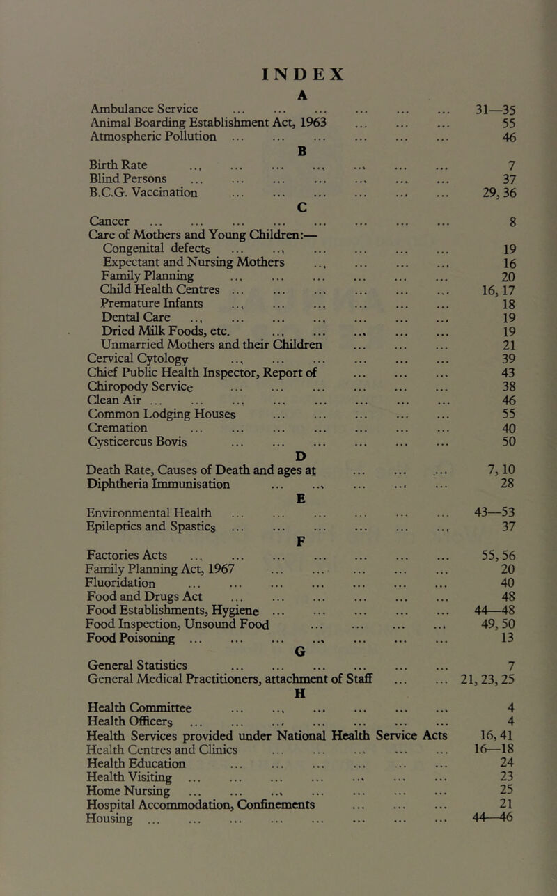 INDEX A Ambulance Service ... Animal Boarding Establishment Act, 1963 Atmospheric Pollution ... B BirthRate .., ... Blind Persons ... ... ... B.C.G. Vaccination C Cancer ... ... ... Care of Mothers and Young Children:— Congenital defects ... Expectant and Nursing Mothers Fa^y Planning .., ... ... Child Health Centres ... Premature Infants .., ... ... ... Dental Care Dried Milk Foods, etc. ... Unmarried Mothers and their Children Cervical Cytology Chief Public Health Inspector, Report of Chiropody Service ... ... ... Clean Air ... ... ... ... ... ... Common Lodging Houses Cremation Cysticercus Bovis ... ... ... D Death Rate, Causes of Death and ages at Diphtheria Immunisation E Environmental Health Epileptics and Spastics F Factories Acts ... Family Planning Act, 1967 Fluoridation Food and Drugs Act ... ... Food Establishments, Hygiene Food Inspection, Unsound Food Food Poisoning ... G General Statistics General Medical Practitioners, attachment of Staff H Health Committee Health Officers Health Services provided under National Health Service Acts Health Centres and Clinics Health Education Health Visiting Home Nursing Hospital Accommodation, Confinements Housing ... ... ... ... 31—35 55 46 7 37 29, 36 8 19 16 20 16,17 18 19 19 21 39 43 38 46 55 40 50 7,10 28 43— 53 37 55, 56 20 40 48 44— 48 49,50 13 7 21, 23,25 4 4 16,41 16—18 24 23 25 21 44—46