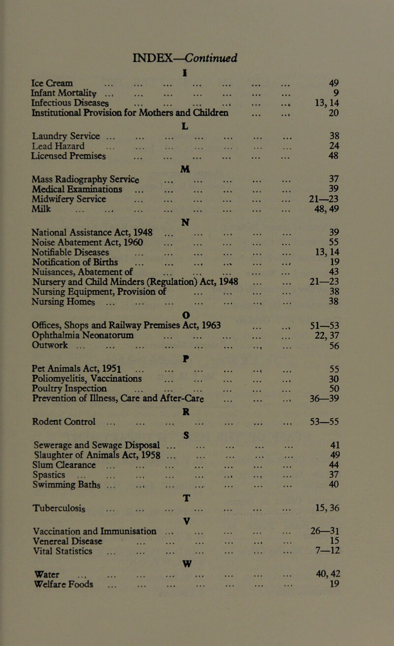 INDEX—Continued 1 Ice Cream Infant Mortality Infectious Diseases Institutional Provision for Mothers and Children L Laundry Service Lead Hazard Licensed Premises M Mass Radiography Service Medical Examinations Midwifery Service National Assistance Act, 1948 Noise Abatement Act, 1960 Notifiable Diseases Notification of Births Nuisances, Abatement of NursCTy and Child Minders (Regulation) Act, 1948 Nursing Equipment, Provision of Nursing Homes O Ofi&ces, Shops and Railway Premises Act, 1963 Ophthalmia Neonatorum Outwork F Pet Animals Act, 1951 Poliomyelitis, Vaccinations Poultry Inspection Prevention of Illness, Care and After-Care Rodent Control R Sewerage and Sewage Disposal Slaughter of Animals Act, 1958 Slum Qearance Spastics Swimming Baths Tuberculosis Vaccination and Immunisation Venereal Disease Vital Statistics Water Welfare Foods S T V W 49 9 13,14 20 38 24 48 37 39 21—23 48,49 39 55 13,14 19 43 21—23 38 38 51—53 22,37 56 55 30 50 36—39 53—55 41 49 44 37 40 15, 36 26—3l 15 7—12 40,42 19