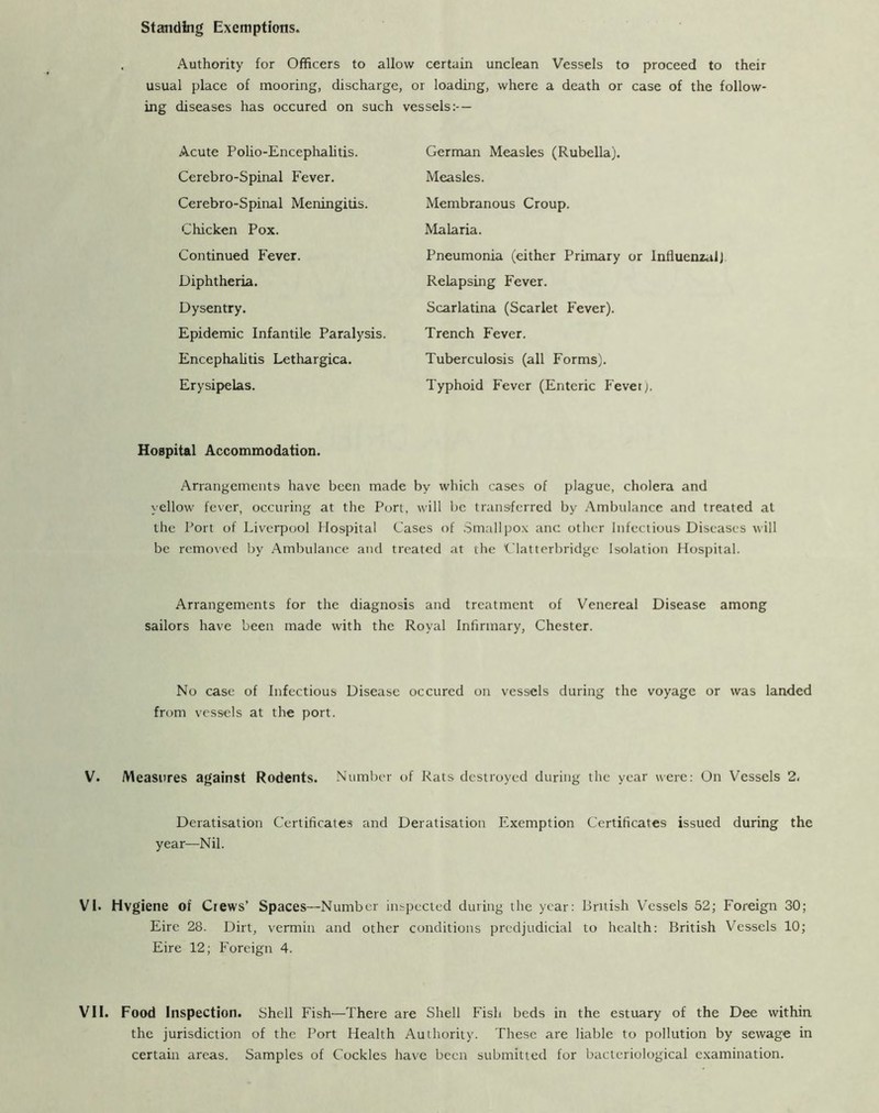 standing Exemptions. Authority for Officers to allow certain unclean Vessels to proceed to their usual place of mooring, discharge, or loading, where a death or case of the follow- ing diseases has occured on such vessels:— Acute Polio-Encepliahtis. Cerebro-Spinal Fever. Cerebro-Spinal Meningitis. Chicken Pox. Continued Fever. Diphtheria. Dysentry. Epidemic Infantile Paralysis. Encephahtis Lethargica. Erysip>elas. German Measles (Rubella). Measles. Membranous Croup. Malaria. Pneumonia (either Primary or Influenzal] Relapsing Fever. Scarlatina (Scarlet Fever). Trench Fever. Tuberculosis (all Forms). Typhoid Fever (Enteric Fever). Hospital Accommodation. Arrangements have been made by which cases of plague, cholera and yellow fever, occuring at the Port, will be transferred by Ambulance and treated at the Port of Liverpool Hospital Cases of Smallpox anc other Infectious Diseases will be removed by Ambulance and treated at the Clatterbridge Isolation Hospital. Arrangements for the diagnosis and treatment of Venereal Disease among sailors have been made with the Royal Infirmary, Chester. No case of Infectious Disease occured on vessels during the voyage or was landed from vessels at the port. V. Measures against Rodents. Number of Rats destroyed during the year were: On Vessels 2. Deratisation Certificates and Deratisation Exemption Certificates issued during the year—Nil. VI. Hygiene of Ciews’ Spaces—Number inspected during the year: British Vessels 52; Foreign 30; Eire 28. Dirt, vermin and other conditions predjudicial to health: British Vessels 10; Eire 12; Foreign 4. VII. Food Inspection. Shell Fish—There are Shell Fish beds in the estuary of the Dee within, the jurisdiction of the Port Health Authority. These are liable to pollution by sewage in certain areas. Samples of Cockles have been submitted for bacteriological examination.