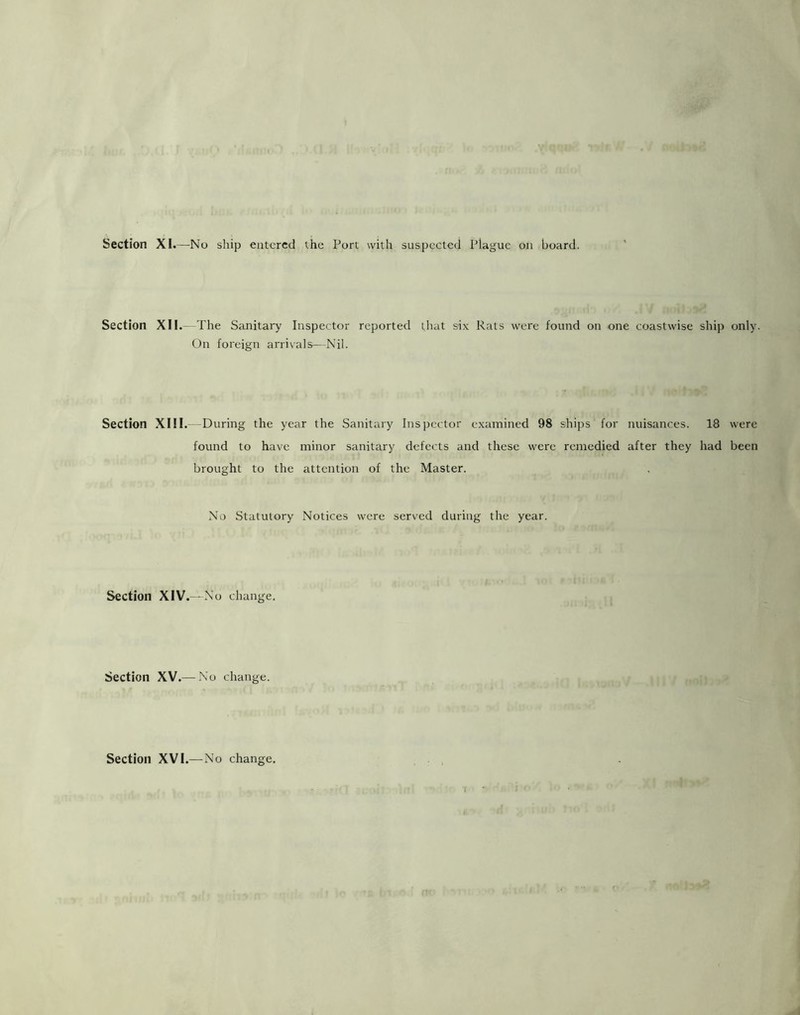 Section XI.—No ship entered the Port with suspected Plague on board. Section XII.— The Sanitary Inspector reported that six Rats were found on one coastwise ship only. On foreign arrivals—Nil. Section XIII. During the year the Sanitary Inspector examined 98 ships for nuisances. 18 were found to have minor sanitary defects and these were remedied after they had been brought to the attention of the Master. No Statutory Notices were served during the year. Section XIV.— No change. Section XV.— No change. Section XVI.— No change.