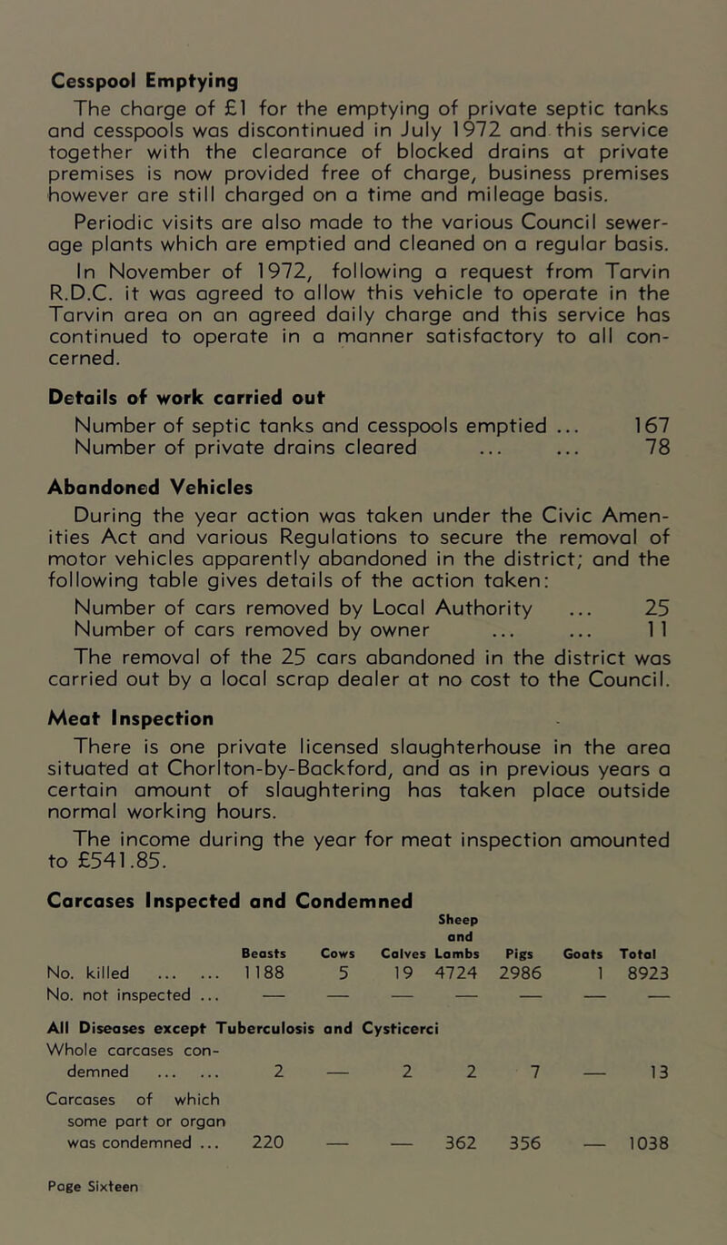 Cesspool Emptying The charge of £1 for the emptying of private septic tanks and cesspools was discontinued in July 1972 and this service together with the clearance of blocked drains at private premises is now provided free of charge, business premises however ore still charged on o time and mileage basis. Periodic visits are also made to the various Council sewer- age plants which are emptied and cleaned on a regular basis. In November of 1972, following a request from Tarvin R.D.C. it was agreed to allow this vehicle to operate in the Tarvin area on an agreed daily charge and this service has continued to operate in a manner satisfactory to all con- cerned. Details of work carried out Number of septic tanks and cesspools emptied ... 167 Number of private drains cleared ... ... 78 Abandoned Vehicles During the year action was taken under the Civic Amen- ities Act and various Regulations to secure the removal of motor vehicles apparently abandoned in the district; and the following table gives details of the action taken: Number of cars removed by Local Authority ... 25 Number of cars removed by owner ... ... 11 The removal of the 25 cars abandoned in the district was carried out by a local scrap dealer at no cost to the Council. Meat Inspection There is one private licensed slaughterhouse in the area situated at Chorlton-by-Backford, and as in previous years a certain amount of slaughtering has taken place outside normal working hours. The income during the year for meat inspection amounted to £541.85. Carcases Inspected and Condemned Sheep and Beasts Cows Calves Lambs Pigs Goats Total No. killed 1188 5 19 4724 2986 1 8923 No. not inspected ... — — — — — — — All Diseases except Tuberculosis and Cysticerci Whole carcases con- demned 2 — 2 2 7 — 13 Carcases of which some part or organ was condemned ... 220 — — 362 356 — 1038