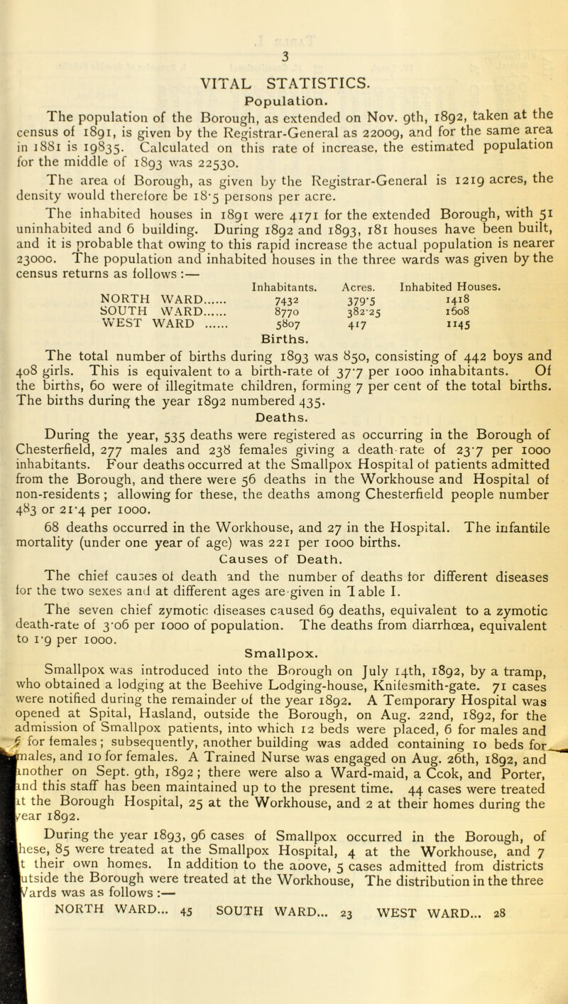 VITAL STATISTICS. Population. The population of the Borough, as extended on Nov. gth, 1892, taken at the census of 1891, is given by the Registrar-General as 22009, and for the same area in 1881 is 19835. Calculated on this rate of increase, the estimated population for the middle of 1893 was 22530. The area of Borough, as given by the Registrar-General is 1219 acres, the density would therefore be 18-5 persons per acre. The inhabited houses in 1891 were 4171 for the extended Borough, with 51 uninhabited and 6 building. During 1892 and 1893, 181 houses have been built, and it is probable that owing to this rapid increase the actual population is nearer 2300c. The population and inhabited houses in the three wards was given by the census returns as follows :— Inhabitants. Acres. Inhabited Houses. NORTH WARD 7432 379'5 1418 SOUTH WARD 8770 38225 1608 WEST WARD 5807 417 1145 Births. The total number of births during 1893 was 850, consisting of 442 boys and 408 girls. This is equivalent to a birth-rate of 377 per 1000 inhabitants. Of the births, 60 were of illegitmate children, forming 7 per cent of the total births. The biiths during the year 1892 numbered 435. Deaths. During the year, 535 deaths were registered as occurring in the Borough of Chesterfield, 277 males and 238 females giving a death-rate of 237 per 1000 inhabitants. Four deaths occurred at the Smallpox Hospital of patients admitted from the Borough, and there were 56 deaths in the Workhouse and Hospital of non-residents ; allowing for these, the deaths among Chesterfield people number 483 or 21‘4 per 1000. 68 deaths occurred in the Workhouse, and 27 in the Hospital. The infantile mortality (under one year of age) was 221 per 1000 births. Causes of Death. The chief causes of death and the number of deaths for different diseases for the two sexes and at different ages are given in Table I. The seven chief zymotic diseases caused 69 deaths, equivalent to a zymotic death-rate of 3’o6 per 1000 of population. The deaths from diarrhoea, equivalent to 1-9 per 1000. Smallpox. Smallpox was introduced into the Borough on July 14th, 1892, by a tramp, who obtained a lodging at the Beehive Lodging-house, Knifesmith-gate. 71 cases were notified during the remainder of the year 1892. A Temporary Hospital was opened at Spital, Hasland, outside the Borough, on Aug. 22nd, 1892, for the admission of Smallpox patients, into which 12 beds were placed, 6 for males and ^ for females; subsequently, another building was added containing 10 beds for. nales, and 10 for females. A Trained Nurse was engaged on Aug. 26th, 1892, and mother on Sept. 9th, 1892 ; there were also a Ward-maid, a Ccok, and Porter, ind this staff has been maintained up to the present time. 44 cases were treated it the Borough Hospital, 25 at the Workhouse, and 2 at their homes during the /ear 1892. During the year 1893, 96 cases of Smallpox occurred in the Borough, of hese, 85 were treated at the Smallpox Hospital, 4 at the Workhouse, and 7 their own homes. In addition to the aoove, 5 cases admitted from districts utside the Borough were treated at the Workhouse, The distribution in the three ards was as follows :— NORTH WARD... 45 SOUTH WARD... 23 WEST WARD... 28