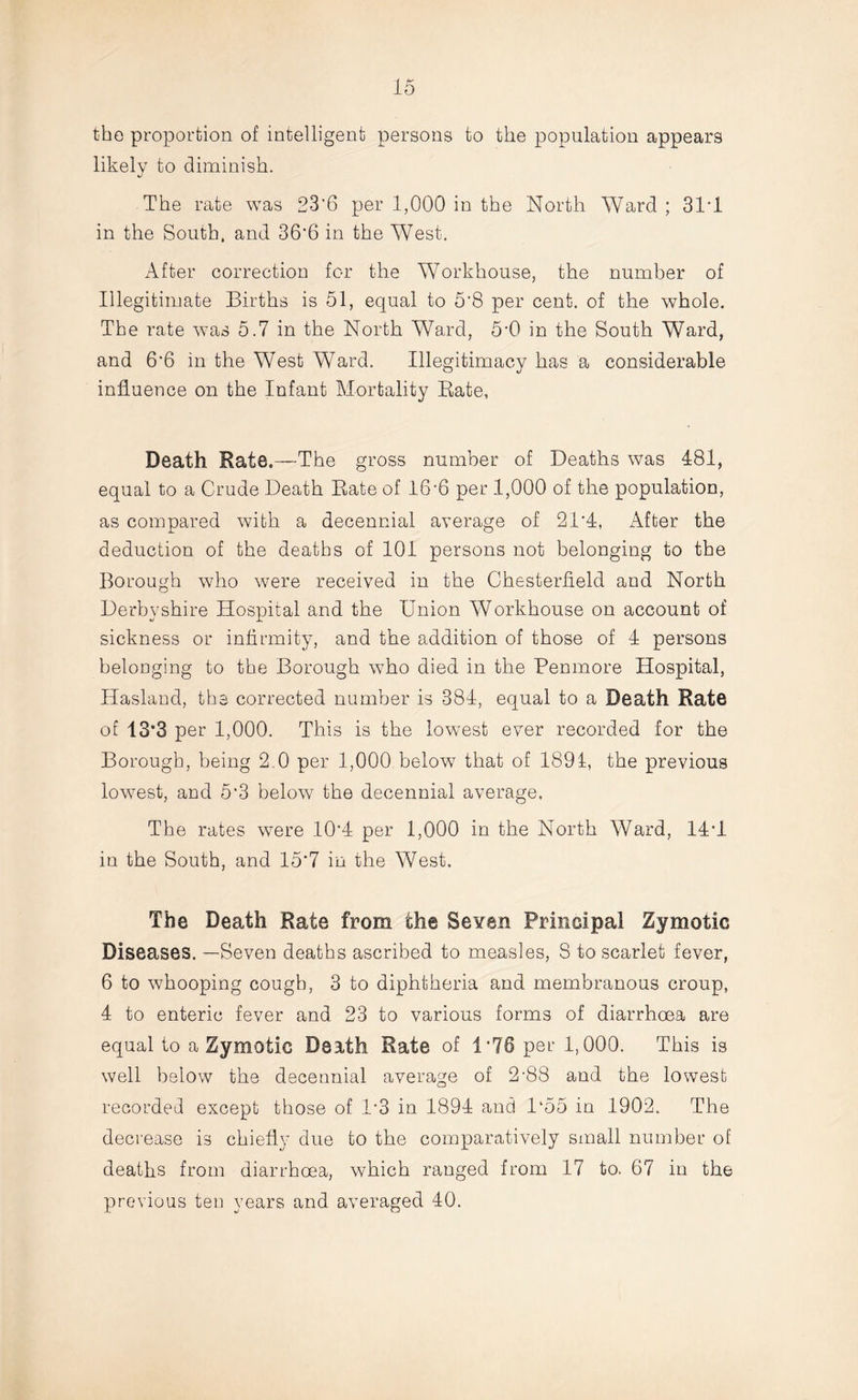 the proportion of intelligent persons to the population appears likely to diminish. The rate was 23'6 per 1,000 in the North Ward ; 31T in the South, and 36’6 in the West. After correction for the Workhouse, the number of Illegitimate Births is 51, equal to 5'8 per cent, of the whole. The rate was 5.7 in the North Ward, 5*0 in the South Ward, and 6‘6 in the West Ward. Illegitimacy has a considerable influence on the Infant Mortality Rate, Death Rate,—The gross number of Deaths was 481, equal to a Crude Death Rate of 16*6 per 1,000 of the population, as compared with a decennial average of 21*4, After the deduction of the deaths of 101 persons not belonging to the Borough who were received in the Chesterfield and North Derbyshire Hospital and the Union Workhouse on account of sickness or infirmity, and the addition of those of 4 persons belonging to the Borough who died in the Penmore Hospital, Hasland, the corrected number is 384, equal to a Death Rate of 13*3 per 1,000. This is the lowest ever recorded for the Borough, being 2 0 per 1,000 below that of 1891, the previous lowest, and 5“3 below the decennial average, The rates were 10*4 per 1,000 in the North Ward, 14T in the South, and 15*7 in the West. The Death Rate from the Seven Principal Zymotic Diseases. —Seven deaths ascribed to measles, 8 to scarlet fever, 6 to whooping cough, 3 to diphtheria and membranous croup, 4 to enteric fever and 23 to various forms of diarrhoea are equal to a Zymotic Death Rate of 1*78 per 1,000. This is well below the decennial average of 2-88 and the lowest recorded except those of U3 in 1894 and 1‘55 in 1902. The decrease is chiefly due to the comparatively small number of deaths from diarrhoea, which ranged from 17 to. 67 in the previous ten years and averaged 40.