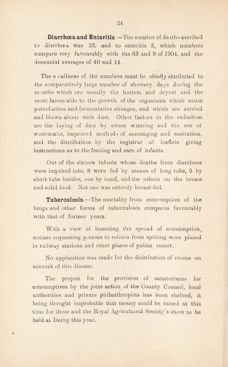 Diarrhoea and Enteritis.—The number of dexfchs ascribed to diarrhoea was 23, and to enteritis 3, which numbers compare very favourably with the 63 and 9 of 1904, and the decennial averages of 40 and 14. The s uallness of the numbers must be chiefly attributed to the comparatively large number of showery days during the months which are usually the hottest and dryest and the most favourable to the growth of the organisms which cause putrefactive and fermentative changes, and which are carried and blown about with dust. Other factors in the reduction are the laying of dust by street watering and the use of westrumite, improved methods of scavenging and sanitation, and the distribution by the registrar of leaflets giving instructions as to the feeding and care of infants. Out of the sixteen infants whose deaths from diarrhoea were inquired into, 8 were fed by means of long tube, 5 by short tube bottles, one by hand, and the others on the breast and solid food. Not one was entirely breast-fed. Tuberculosis.—The mortality from consumption of the lungs and other forms of tuberculosis compares favourably with that of former years. With a view of lessening the spread of consumption, notices requesting persons to refrain from spitting were placed in railway stations and other places of public resort. No application was made for the disinfection of rooms on account of this disease. The project for the provision of sanatoriums for consumptives by the joint action of the County Council, local authorities and private philanthropists has been shelved, it being thought improbable that money could be raised at this time for these and the Royal Agricultural Society’s show to be held at Derby this year. *