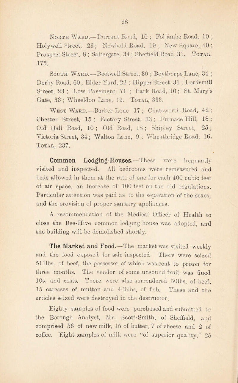 NorthWard.—Durrant Road, 10; Foljambe Road, 10; Holywell Street, 23; Newbold Road, 19 ; New Square, 40; Prospect Street, 8; Saltergate, 31; Sheffield Road, 31. Total, 175. South Ward.—Beetwell Street, 30 ; Boytborpe Lane, 34 ; Derby Road, 60; Elder Yard, 22 ; Hipper Street, 31 ; Lordsmill Street, 23 ; Low Pavement, 71 ; Park Road, 10; St. Mary’s Gate, 33 ; Wheeldon Lane, 19. Total, 333. West Ward.—Barker Lane 17 ; Chatswortk Road, 42 ; Chester Street, 15 ; Factory Street. 33 ; Furnace Hill, 18 ; Old Hall Road, 10 ; Old Road, 18 ; Shipiey Street, 25 ; Victoria Street, 34 ; Walton Lane, 9 ; Wbeatbridge Road, 16. Total, 237. Common Lodging-Mouses.—These were frequently visited and inspected. All bedrooms wTere remeasured and beds allowed in them at the rate of one for each 400 cubic feet of air space, an increase of 100 feet on the old regulations. Particular attention was paid as to the separation of the sexes, and the provision of proper sanitary appliances. A recommendation of the Medical Officer of Health to close the Bee-Hive common lodging house was adopted, and the building will be demolished shortly. The Market and Food.—The market was visited weekly and the food exposed for sale inspected. There were seized 5111bs. of beef, the possessor of which was sent to prison for three months. The vendor of some unsound fruit was fined 10s. and costs. There were also surrendered 50ibs. of beef, 15 carcases of mutton and 4061bs, of fish. These and the articles seized were destroyed in the destructor. Eighty samples of food were purchased and submitted to the Borough Analyst, Mr. Scott-Smith, of Sheffield, and comprised 56 of new milk, 15 of butter, 7 of cheese and 2 of coffee. Eight samples of milk were “of superior quality.” 25