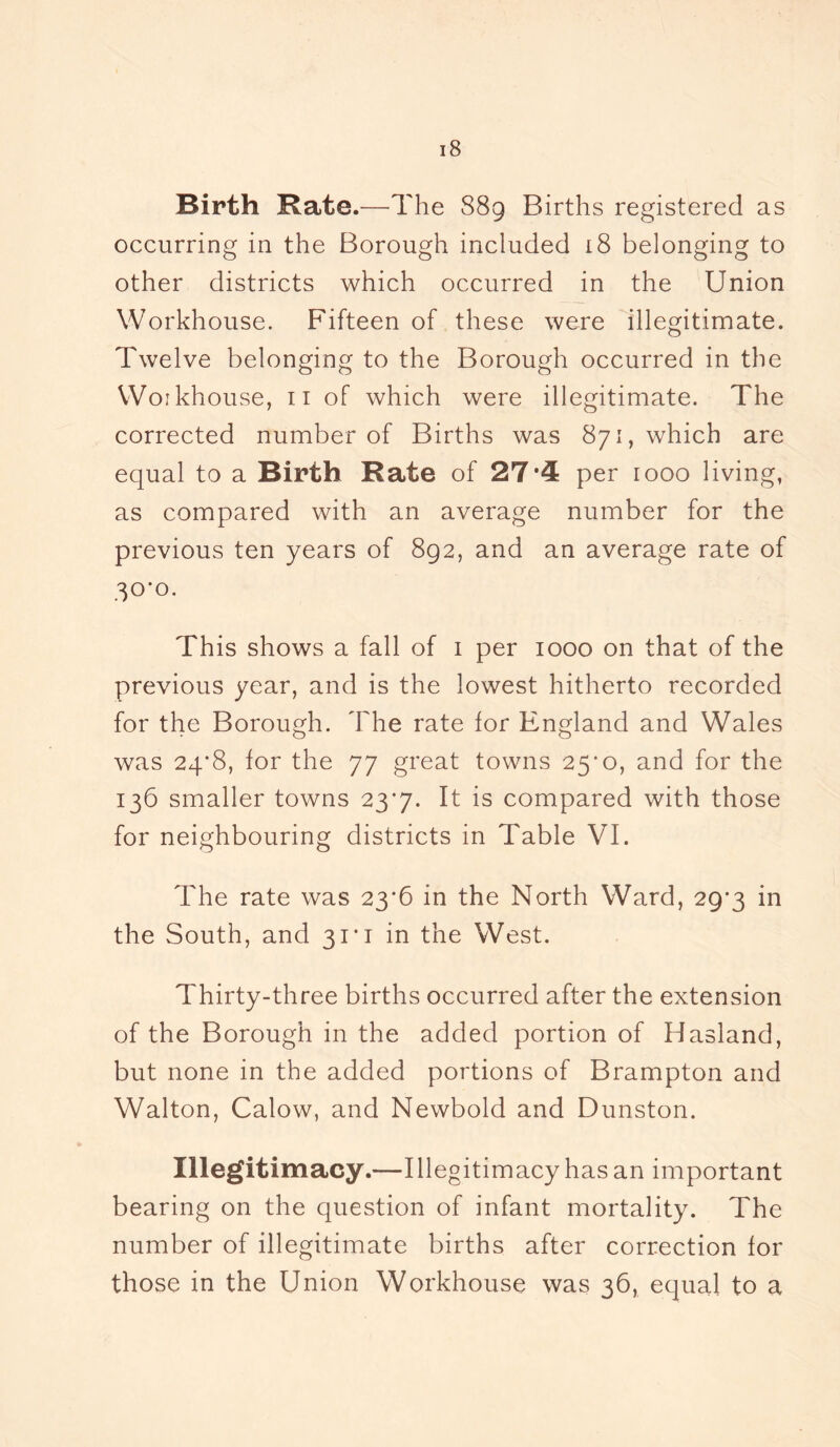 Birth Rate.—The 889 Births registered as occurring in the Borough included 18 belonging to other districts which occurred in the Union Workhouse. Fifteen of these were illegitimate. Twelve belonging to the Borough occurred in the Workhouse, 11 of which were illegitimate. The corrected number of Births was 871, which are equal to a Birth Rate of 27*4 per 1000 living, as compared with an average number for the previous ten years of 892, and an average rate of 30*0. This shows a fall of 1 per 1000 on that of the previous year, and is the lowest hitherto recorded for the Borough. The rate for England and Wales was 24*8, for the 77 great towns 25*0, and for the 136 smaller towns 23*7. It is compared with those for neighbouring districts in Table VI. The rate was 23*6 in the North Ward, 29*3 in the South, and 31’1 in the West. Thirty-three births occurred after the extension of the Borough in the added portion of Hasland, but none in the added portions of Brampton and Walton, Calow, and Newbold and Dunston. Illegitimacy.—Illegitimacy has an important bearing on the question of infant mortality. The number of illegitimate births after correction for those in the Union Workhouse was 36, equal to a