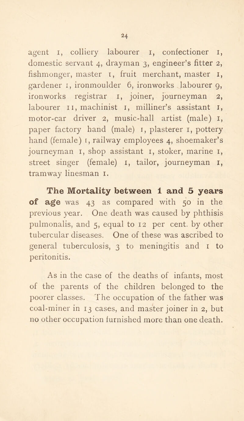 agent i, colliery labourer i, confectioner i, domestic servant 4, drayman 3, engineer’s fitter 2, fishmonger, master 1, fruit merchant, master 1, gardener 1, ironmoulder 6, ironworks labourer 9, ironworks registrar 1, joiner, journeyman 2, labourer n, machinist 1, milliner’s assistant 1, motor-car driver 2, music-hall artist (male) 1, paper factory hand (male) 1, plasterer 1, pottery hand (female) r, railway employees 4, shoemaker’s journeyman 1, shop assistant 1, stoker, marine 1, street singer (female) 1, tailor, journeyman 1, tramway linesman 1. The Mortality between 1 and 5 years of age was 43 as compared with 50 in the previous year. One death was caused by phthisis pulmonalis, and 5, equal to 12 per cent, by other tubercular diseases. One of these was ascribed to general tuberculosis, 3 to meningitis and 1 to peritonitis. As in the case of the deaths of infants, most of the parents of the children belonged to the poorer classes. The occupation of the father was coal-miner in 13 cases, and master joiner in 2, but no other occupation furnished more than one death.