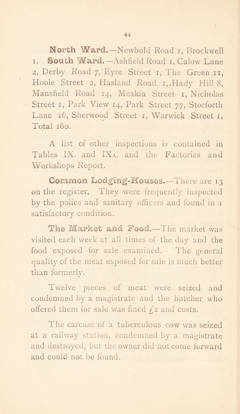 North Ward.—Newbold Road i, Brockwell t. South Ward.— Ashfield Road i, Calow Lane 2, Derby Road 7, Eyre Street 1, The Green n, Hoole Street 2, Hasland Road. i,.Hady Hill 8, Mansfield Road 14, Meakin Street 1, Nicholas Street 1, Park View 14, Park Street 77, Storforth Lane 16, Sherwood Street x, Warwick Street 1, Total 160. A list of other inspections is contained in Tables IX. and IXa. and the Factories and Workshops Report. Common Lodging-Houses.—There are 13 on the register. They were frequently inspected by the police and sanitary officers and found in a satisfactory condition. The Market and Food.—The market was visited each week at all times of the day and the food exposed for sale examined. The general quality of the meat exposed for sale is much better than formerly. Twelve pieces of meat were seized and condemned by a magistrate and the butcher who offered them for sale was fined £2 and costs. The carcase of a tuberculous cow was seized at a railway station, condemned by a magistrate and destroyed, but the owner did not come forward and could not be found.