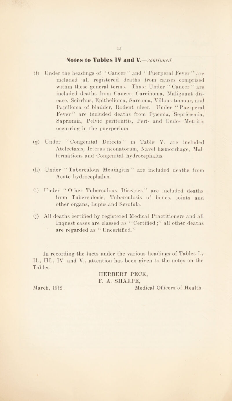 (f) Under the headings of “ Cancer ” and Puerperal Fever ” are included all registered deaths from causes comprised within these general terms. Thus : Under Cancer ” are included deaths from Cancer, Carcinoma, Malignant dis- ease, Scirrhus, Epithelioma, Sarcoma, Villous tumour, and Papilloma of bladder, Ilodent ulcer. Under Puerperal Fever” are included deaths from Pysemia, Septicsemia, Saprsemia, Pelvic peritonitis. Peri- and Endo- Metritis occurring in the puerperium. (g) Under “Congenital Defects” in Table V. are included Atelectasis, Icterus neonatorum. Navel Inemorrhage, Mal- formations and Congenital hydrocephalus. (h) Under “Tuberculous Meningitis” are included deaths from Acute hydrocephalus. (i) Under “ Other Tuberculous Diseases ” are included deaths from Tuberculosis, Tuberculosis of bones, joints and other organs. Lupus and Scrofula. (j) All deaths certified by registered Medical Practitioners and all Inquest cases are classed as “ Certified ;” all other deaths are regarded as “Uncertified.” In recording the facts under the various headings of Tables I., II., III., IV. and V., attention has been given to the notes on the Tables. HERBERT PECK, F. A. SHARPE, Medical Officers of Health. March, 1912.