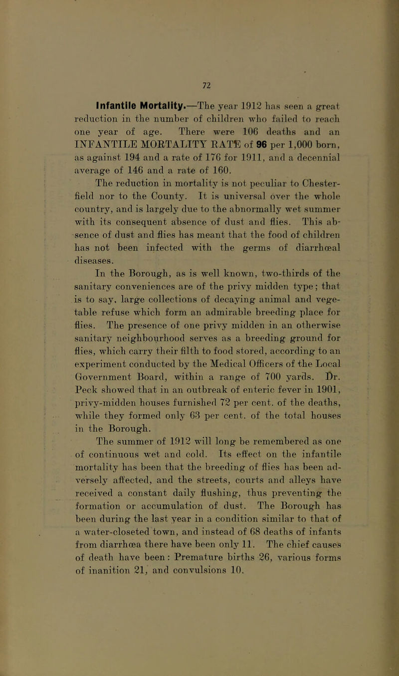 Infantile Mortality .—The year 1912 has seen a great reduction in the number of children who failed to reach one year of age. There were 106 deaths and an INFANTILE MORTALITY RATE of 96 per 1,000 born, as against 194 and a rate of 176 for 1911, and a decennial average of 146 and a rate of 160. The reduction in mortality is not peculiar to Chester- field nor to the County. It is universal over the whole country, and is largely due to the abnormally wet summer with its consequent absence of dust and flies. This ab- sence of dust and flies has meant that the food of children has not been infected with the germs of diarrhoeal diseases. In the Borough, as is well known, two-thirds of the sanitary conveniences are of the privy midden type; that is to say. large collections of decaying animal and vege- table refuse which form an admirable breeding place for flies. The presence of one privy midden in an otherwise sanitary neighbourhood serves as a breeding ground for flies, which carry their filth to food stored, according to an experiment conducted by the Medical Officers of the Local Government Board, within a range of 700 yards. Dr. Peck showed that in an outbreak of enteric fever in 1901, privy-midden houses furnished 72 per cent, of the deaths, while they formed only 63 per cent, of the total houses in the Borough. The summer of 1912 will long be remembered as one of continiious wet and cold. Its effect on the infantile mortality has been that the breeding of flies has been ad- versely affected, and the streets, courts and alleys have received a constant daily flushing, thus preventing the formation or accumulation of dust. The Borough has been during the last year in a condition similar to that of a water-closeted town, and instead of 68 deaths of infants from diarrhoea there have been only 11. The chief causes of death have been : Premature births 26, various forms of inanition 21, and convulsions 10.