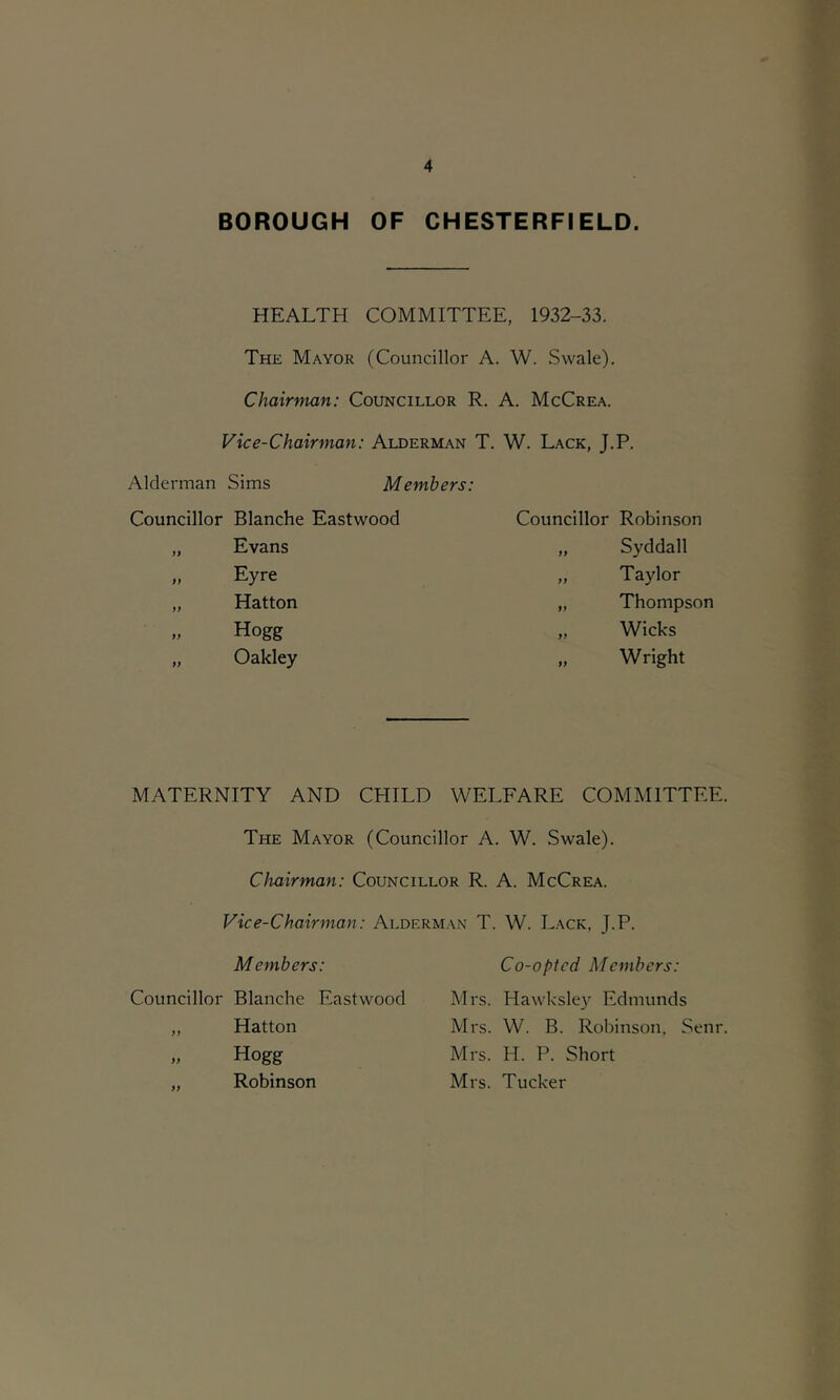 BOROUGH OF CHESTERFIELD. HEALTH COMMITTEE, 1932-33. The Mayor (Councillor A. W. Swale). Chairman: Councillor R. A. McCrea. Vice-Chairman: Alderman T. W. Lack, J.P. Alderman Sims Members: Councillor Blanche Eastwood „ Evans „ Eyre „ Hatton » Hogg „ Oakley Councillor Robinson „ Syddall „ Taylor „ Thompson „ Wicks Wright MATERNITY AND CHILD WELFARE COMMITTEE. The Mayor (Councillor A. W. Swale). Chairman: Councillor R. A. McCrea. Vice-Chairman: Alderman T. W. Lack, J.P. Members: Councillor Blanche Eastwood „ Hatton » Hogg „ Robinson Co-opted Members: Mrs. Hawksley Edmunds Mrs. W. B. Robinson. Senr. Mrs. H. P. Short Mrs. Tucker