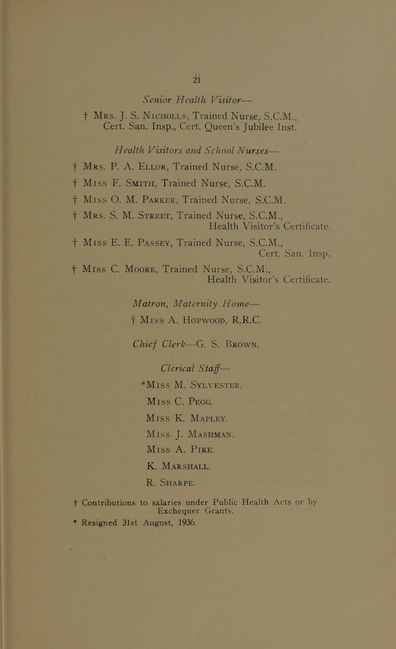 Senior Health Visitor— t Mrs. J. S. Nicholls, Trained Nurse, S.C.M., Cert. San. Insp., Cert. Queen’s Jubilee Inst. Health Visitors and School Nurses— t Mrs. P. a. Ellor, Trained Nurse, S.C.M. t Miss F. Smith, Trained Nurse, S.C.M. t Miss O. M. Parker, Trained Nurse, S.C.M. t Mrs. S. M. Street, Trained Nurse, S.C.M., Health Visitor’s Certiiicate. t Miss E. E. Passey, Trained Nurse, S.C.M., Cert. San. Insp. t Miss C. Moore, Trained Nurse, S.C.M., Health Visitor’s Certificate. Matron, Maternity Home— t Miss A. Hopwood, R.R.C. Chief Clerk—G. S. Brown. Clerical Staff— *Miss M. Sylvester. Miss C. Pegg. Miss K. Mapley. Miss J. Mashm.\n. Miss A. Pike. K. Marshall. R. Sharpe. t Contributions to salaries under Public Health Acts or by Exchequer Grants. * Resigned 31st August, 1936.