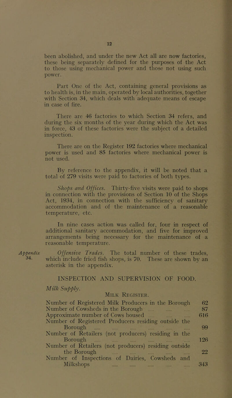 been abolished, and under the new Act all are now factories, these being separately defined for the purposes of the Act to those using mechanical power and those not using such power. Part One of the Act, containing general provisions as to health is, in the main, operated by local authorities, together with Section 34, which deals with adequate means of escape in case of fire. There are 46 factories to which Section 34 refers, and during the six months of the year during which the Act was in force, 43 of these factories were the subject of a detailed inspection. There are on the Register 192 factories where mechanical power is used and 85 factories where mechanical power is not used. By reference to the appendix, it will be noted that a total of 279 visits were paid to factories of both types. Shops and Offices. Thirty-five visits were paid to shops in connection with the provisions of Section 10 of the Shops Act, 1934, in connection with the sufficiency of sanitary accommodation and of the maintenance of a reasonable temperature, etc. In nine cases action was called for, four in respect of additional sanitary accommodation, and five for improved arrangements being necessar3'’ for the maintenance of a reasonable temperature. Appendix Offensive Trades. The total number of these trades, 34. which include fried fish shops, is 70. These are .shown b^^ an asterisk in the appendix. INSPECTION AND SUPERVISION OF FOOD. Milk Supply. Milk Register. Number of Registered Milk Producers in the Borough 62 Number of Cowsheds in the Borough 87 Approximate number of Cows housed 616 Number of Registered Producers residing outside the Borough 99 Number of Retailers (not producers) residing in the Borough 126 Number of Retailers (not producers) residing outside the Borough 22 Number of Inspections of Dairies, Cow.sheds and Milkshops 343