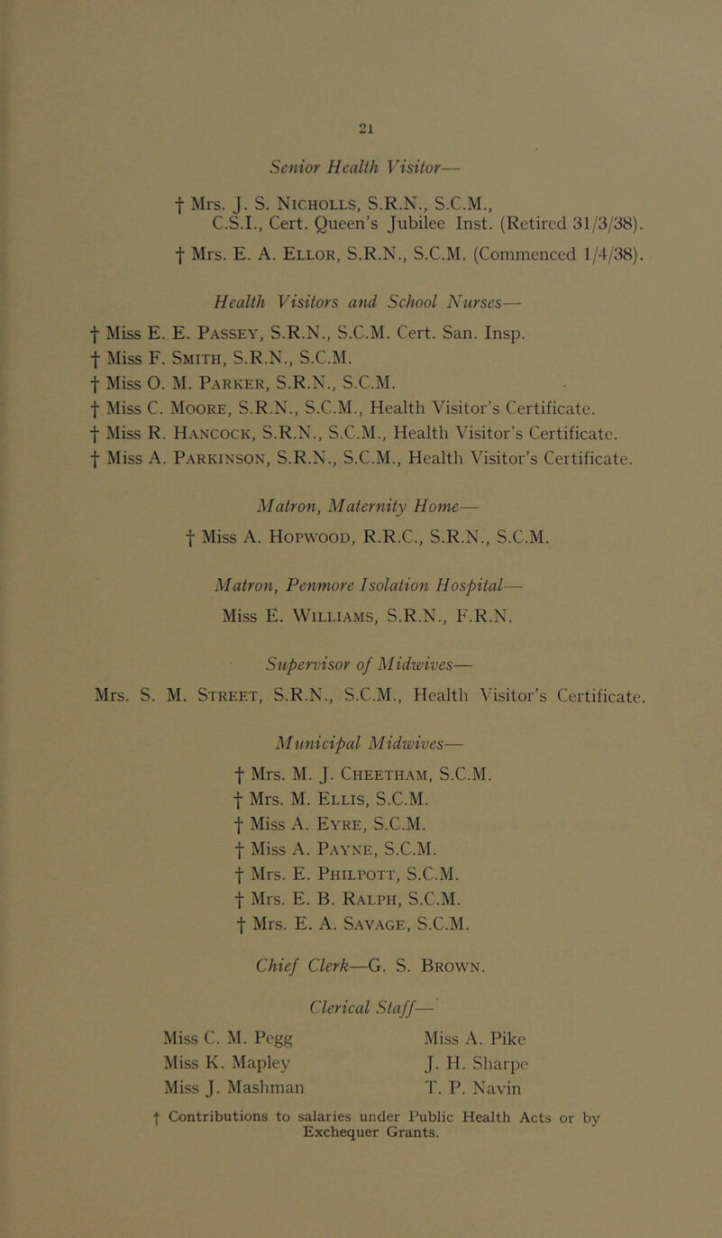 Senior Health Visitor— f Mrs. J. S. Nicholls, S.R.N., S.C.M., C.S.I., Cert. Queen’s Jubilee Inst. (Retired 31/3/38). ■f Mrs. E. A. Ellor, S.R.N., S.C.M. (Commenced 1/4/38). Health Visitors and School Nurses— J Miss E. E. Passey, S.R.N., S.C.M. Cert. San. Insp. J Miss F. Smith, S.R.N., S.C.M. t Miss O. M. Parker, S.R.N., S.C.M. f Miss C. Moore, S.R.N., S.C.M., Health Visitor’s Certificate. ■{■ Miss R. Hancock, S.R.N., S.C.M., Health Visitor’s Certificate, f Miss A. Parkinson, S.R.N., S.C.M., Health Visitor’s Certificate. Matron, Maternity Home— t Miss A. Hopwood, R.R.C., S.R.N., S.C.M. Matron, Penmore Isolation Hospital— Miss E. Williams, S.R.N., F.R.N. Supervisor of Midwives— Mrs. S. M. Street, S.R.N., S.C.M., Health Visitor’s Certificate. Municipal Midwives— f Mrs. M. J. Cheetham, S.C.M. t Mrs. M. Ellis, S.C.M. f Miss A. Eyre, S.C.M. f Miss A. Payne, S.C.M. t Mrs. E. Philpott, S.C.M. t Mrs. E. B. Ralph, S.C.M. f Mrs. E. A. Sav.^ge, S.C.M. Chief Clerk—G. S. Brown. Clerical Staff— Miss C. M. Pegg Miss A. Pike Miss K. Mapley J- H. Sliarpo Miss J. Mashman T. P. Navin I Contributions to salaries under Public Health Acts or by Exchequer Grants.