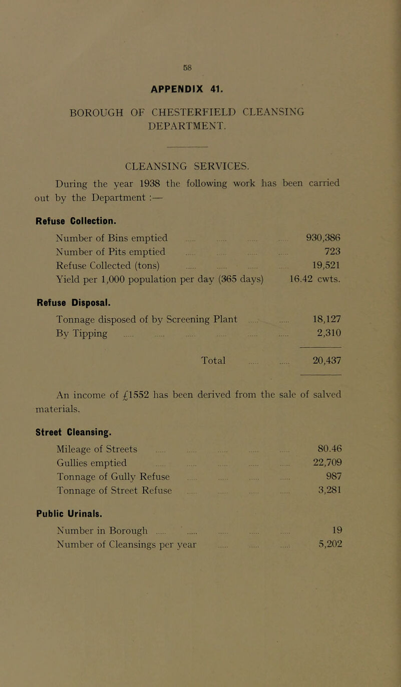 APPENDIX 41. BOROUGH OF CHESTERFIELD CLEANSING DEPARTMENT. CLEANSING SERVICES. During the year 1938 the following work has been carried out by the Department :— Refuse Collection. Number of Bins emptied 930,386 Number of Pits emptied 723 Refuse Collected (tons) 19,521 Yield per 1,000 population per day (365 days) 16.42 cwts. Refuse Disposal. Tonnage disposed of by Screening Plant 18,127 By Tipping 2,310 Total 20,437 An income of £1552 has been derived from the sale of salved materials. Street Cleansing. Mileage of Streets . 80.46 Gullies emptied . 22,709 Tonnage of Gully Refuse . . . 987 Tonnage of Street Refuse . . 3,281 Public Urinals. Number in Borough 19 Number of Cleansings per year ... .. 5,202