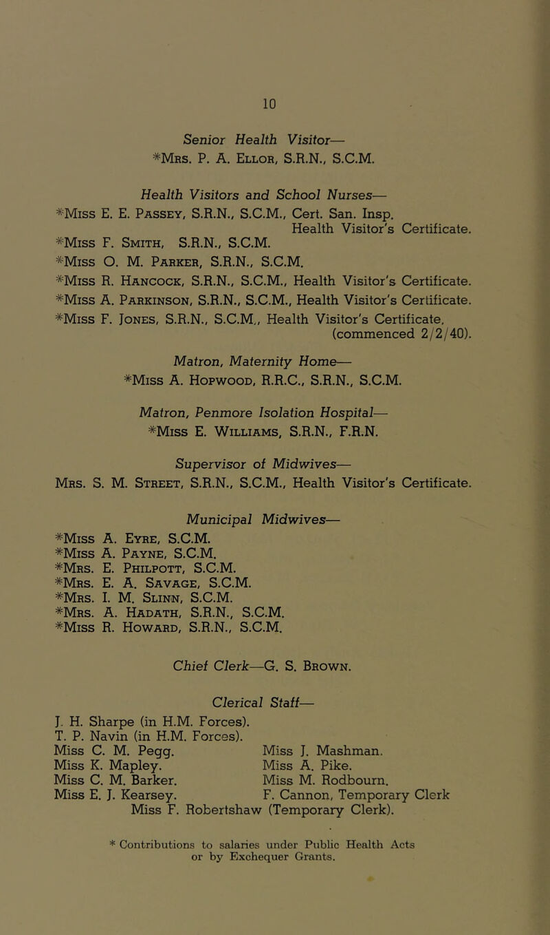 Senior Health Visitor— *Mrs. P. a. Ellor, S.R.N., S.C.M. Health Visitors and School Nurses— *Miss E. E. Passey, S.R.N., S.C.M., Cert. San. Insp. Health Visitor's Certificate. *Miss F. Smith, S.R.N., S.C.M. *Miss O. M. Parker, S.R.N., S.C.M. *Miss R. Hancock, S.R.N., S.C.M., Health Visitor's Certificate. *Miss A. Parkinson, S.R.N., S.C.M., Health Visitor's Certificate. *Miss F. Jones, S.R.N., S.C.M,, Health Visitor's Certificate, (commenced 2/2/40). Matron, Maternity Home— *Miss A. Hopwood, R.R.C., S.R.N., S.C.M. Matron, Penmore Isolation Hospital— *Miss E. Williams, S.R.N., F.R.N. Supervisor of Midwives— Mrs. S. M. Street, S.R.N., S.C.M., Health Visitor's Certificate. Municipal Midwives— *Miss A. Eyre, S.C.M. *Miss A. Payne, S.C.M. *Mrs. E. Philpott, S.C.M. *Mrs. E. a. Savage, S.C.M. *Mrs. I. M. Slinn, S.C.M. *Mrs. a. Hadath, S.R.N., S.C.M. *Miss R. Howard, S.R.N., S.C.M. Chief Clerk—G. S. Brown. Clerical Staff— J. H. Sharpe (in H.M. Forces). T. P. Navin (in H.M. Forces). Miss C. M. Pegg. Miss K. Mapley. Miss C. M. Barker. Miss E. J. Kearsey. Miss J. Mashman. Miss A. Pike. Miss M. Rodbourn. F. Cannon, Temporary Clerk Miss F. Robertshaw (Temporary Clerk). * Contributions to salaries under Public Health Acts or by Exchequer Grants.