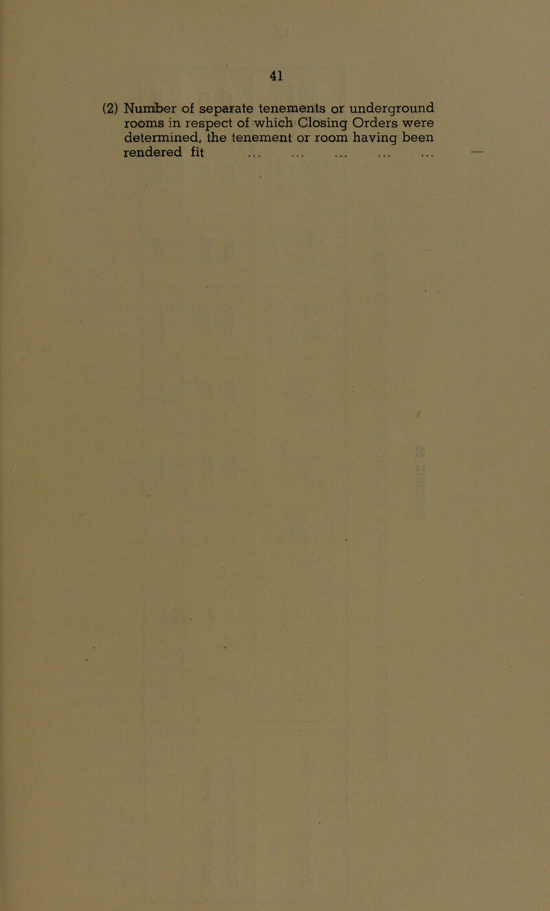 (2) Number of separate tenements or underground rooms in respect of which Closing Orders were determined, the tenement or room having been rendered fit