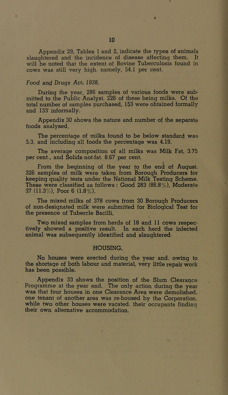 Appendix 29, Tables 1 and 2, indicate the types of animals slaughtered and the incidence of disease affecting them. It will be noted that the extent of Bovine Tuberculosis found in cows was still very high, namely, 54.1 per cent. Food and Drugs Act, 1938. During the year, 286 samples of various foods were sub- mitted to the Public Analyst. 226 of these being milks. Of the total number of samples purchased, 1§3 were obtained formally and 133' informally. Appendix 30 shows the nature and number of the separate foods analysed. The percentage of milks found to be below standard was 5.3, and including all foods the percentage was 4.19. The average composition of all milks was Milk Fat, 3.75 per cent., and Solids-not-fat, 8.67 per cent. From the beginning of the year to the end of August, 326 samples of milk were taken from Borough Producers for keeping quality tests under the National Milk Testing Scheme. These were classified as follows : Good 283 (86.8%), Moderate 37 (11.3%), Poor 6 (1.8%). The mixed milks of 378 cows from 30 Borough Producers of non-designated milk were submitted for Biological Test for the presence of Tubercle Bacilli. Two mixed samples from herds of 18 and 11 cows respec- tively showed a positive result. In each herd the infected animal was subsequently identified and slaughtered. HOUSING. No houses were erected during the year and, owing to the shortage of both labour and material, very little repair work has been possible. Appendix 33 shows the position of the Slum Clearance Programme at the year end. The only action during the year was that four houses in one Clearance Area were demolished, one tenant of another area was re-housed by the Corporation, while two other houses were vacated, their occupants finding their own alternative accommodation. r: