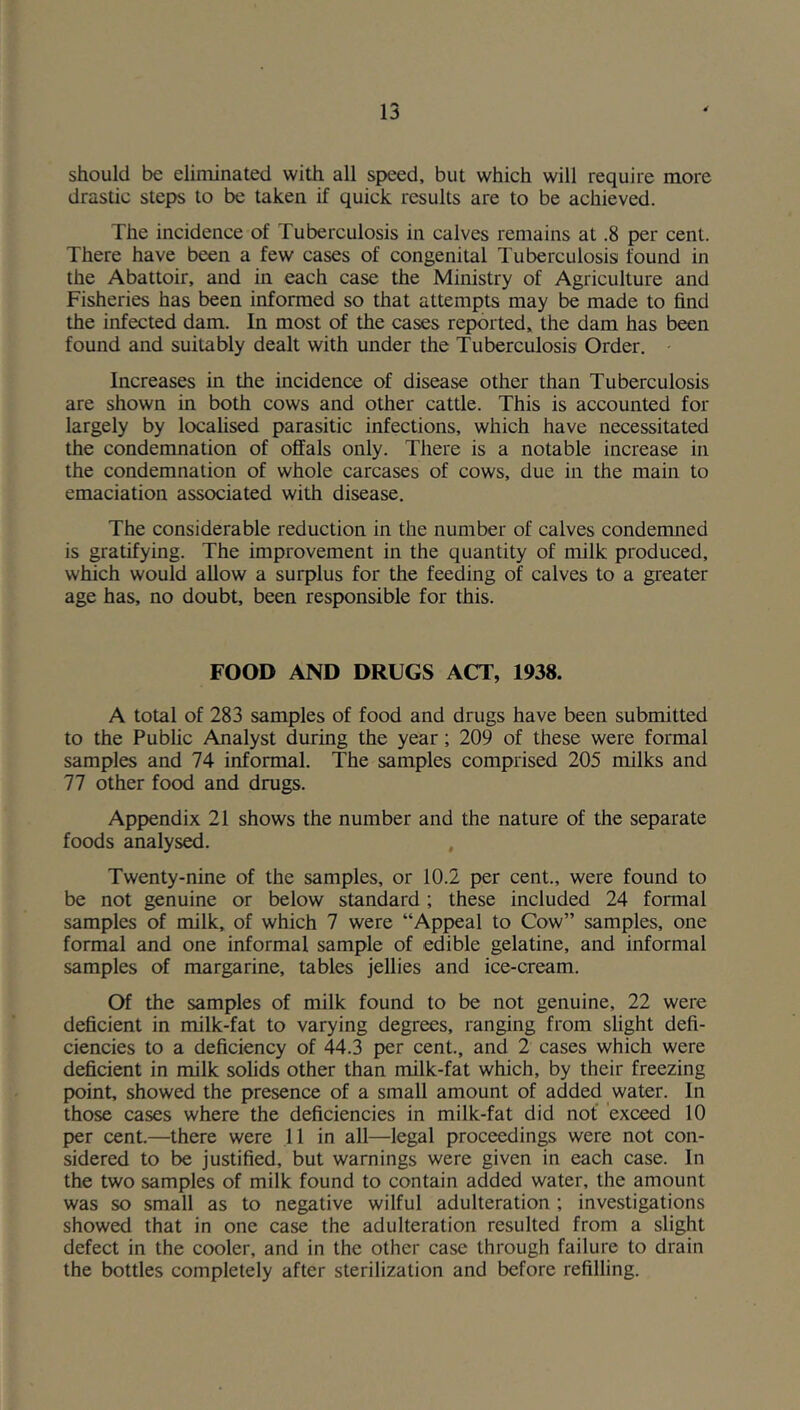 should be eliminated with all speed, but which will require more drastic steps to be taken if quick results are to be achieved. The incidence of Tuberculosis in calves remains at .8 per cent. There have been a few cases of congenital Tuberculosis found in the Abattoir, and in each case the Ministry of Agriculture and Fisheries has been informed so that attempts may be made to find the infected dam. In most of the cases reported, the dam has been found and suitably dealt with under the Tuberculosis Order. Increases in the incidence of disease other than Tuberculosis are shown in both cows and other cattle. This is accounted for largely by locahsed parasitic infections, which have necessitated the condemnation of offals only. There is a notable increase in the condemnation of whole carcases of cows, due in the main to emaciation associated with disease. The considerable reduction in the number of calves condemned is gratifying. The improvement in the quantity of milk produced, which would allow a surplus for the feeding of calves to a greater age has, no doubt, been responsible for this. FOOD AND DRUGS ACT, 1938. A total of 283 samples of food and drugs have been submitted to the Public Analyst during the year; 209 of these were formal samples and 74 informal. The samples comprised 205 milks and 77 other food and drugs. Appendix 21 shows the number and the nature of the separate foods analysed. , Twenty-nine of the samples, or 10.2 per cent., were found to be not genuine or below standard ; these included 24 formal samples of milk, of which 7 were “Appeal to Cow” samples, one formal and one informal sample of edible gelatine, and informal samples of margarine, tables jellies and ice-cream. Of the samples of milk found to be not genuine, 22 were deficient in milk-fat to varying degrees, ranging from slight defi- ciencies to a deficiency of 44.3 per cent., and 2 cases which were deficient in milk solids other than milk-fat which, by their freezing point, showed the presence of a small amount of added water. In those cases where the deficiencies in milk-fat did not' exceed 10 per cent.—there were 11 in all—legal proceedings were not con- sidered to be justified, but warnings were given in each case. In the two samples of milk found to contain added water, the amount was so small as to negative wilful adulteration ; investigations showed that in one case the adulteration resulted from a slight defect in the cooler, and in the other case through failure to drain the bottles completely after sterilization and before refilling.