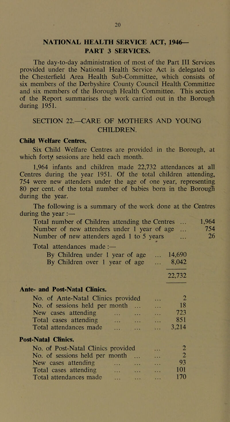 NATIONAL HEALTH SERVICE ACT, 1946— PART 3 SERVICES. The day-to-day administration of most of the Part III Services provided under the National Health Service Act is delegated to the Chesterfield Area Health Sub-Committee, which consists of six members of th^ Derbyshire County Council Health Committee and six members of the Borough Health Committee. This section of the Report summarises the work carried out in the Borough during ,1951. SECTION 22.—CARE OF MOTHERS AND YOUNG CHILDREN. Child Welfare Centres. Six Child Welfare Centres are provided in the Borough, at which forty sessions are held each month. 1,964 infants and children made 22,732 attendances at all Centres during the year 1951. Of the total children attending, 754 were new attenders under the age of one year, representing 80 per cent, of the total number of babies born in the Borou^ during the year. The following is a summary of the work done at the Centres during the year :— Total number of Children attending the Centres ... 1,964 Number of new attenders under 1 year of age ... 754 Number of new attenders aged 1 to 5 years ... 26 Total attendances made ;— By Children under 1 year of age ... 14,690 By Children over 1 year of age ... 8,042 22,732 Ante- and Post-Natal Clinics. No. of Ante-Natal Clinics provided 2 No. of sessions held per month ... 18 New cases attending 723 Total cases attending 851 Total attendances made ... 3,214 Post-Natal Clinics. No. of Post-Natal Qinics provided No. of sessions held per month . New cases attending Total cases attending Total attendances made 2 2 93 101 170