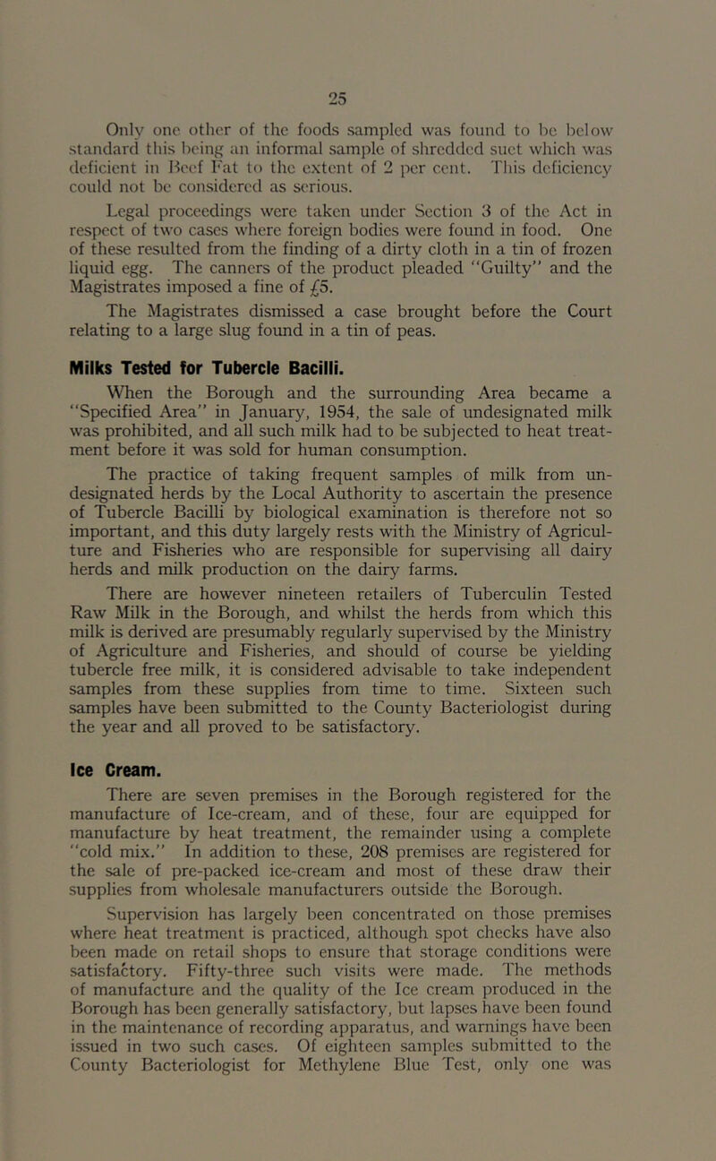 Only one other of the foods sampled was found to be below standard this being an informal sample of shredded suet which was deficient in Heef Fat to the extent of 2 per cent. This deficiency could not be considered as serious. Legal proceedings were taken under Section 3 of the Act in respect of two cases where foreign bodies were found in food. One of these resulted from the finding of a dirty cloth in a tin of frozen liquid egg. The canners of the product pleaded “Guilty” and the Magistrates imposed a fine of £5. The Magistrates dismissed a case brought before the Court relating to a large slug found in a tin of peas. Milks Tested for Tubercle Bacilli. When the Borough and the surrounding Area became a “Specified Area” in January, 1954, the sale of undesignated milk was prohibited, and all such milk had to be subjected to heat treat- ment before it was sold for human consumption. The practice of taking frequent samples of milk from un- designated herds by the Local Authority to ascertain the presence of Tubercle Bacilli by biological examination is therefore not so important, and this duty largely rests with the Ministry of Agricul- ture and Fisheries who are responsible for supervising all dairy herds and milk production on the dairy farms. There are however nineteen retailers of Tuberculin Tested Raw Milk in the Borough, and whilst the herds from which this milk is derived are presumably regularly supervised by the Ministry of Agriculture and Fisheries, and should of course be yielding tubercle free milk, it is considered advisable to take independent samples from these supplies from time to time. Sixteen such samples have been submitted to the Coxmty Bacteriologist during the year and all proved to be satisfactory. Ice Cream. There are seven premises in the Borough registered for the manufacture of Ice-cream, and of these, four are equipped for manufacture by heat treatment, the remainder using a complete “cold mix.” In addition to these, 208 premises are registered for the sale of pre-packed ice-cream and most of these draw their supplies from wholesale manufacturers outside the Borough. Supervision has largely been concentrated on those premises where heat treatment is practiced, although spot checks have also been made on retail shops to ensure that storage conditions were satisfactory. Fifty-three such visits were made. The methods of manufacture and the quality of the Ice cream produced in the Borough has been generally satisfactory, but lapses have been found in the maintenance of recording apparatus, and warnings have been issued in two such cases. Of eighteen samples submitted to the County Bacteriologist for Methylene Blue Test, only one was