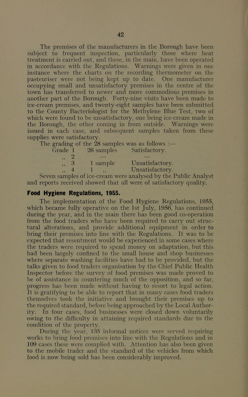 The premises of the manufacturers in the Borough have been subject to frequent inspection, particularly those where heat treatment is carried out, and these, in the main, have been operated in accordance with the Regulations. Warnings were given in one instance where the charts on the recording thermometer on the pasteuriser were not being kept up to date. One manufacturer occupying small and unsatisfactory premises in the centre of the town has transferred to newer and more commodious premises in another part of the Borough. Forty-nine visits have been made to ice-cream premises, and twenty-eight samples have been submitted to the County Bacteriologist for the Methylene Blue Test, two of which were found to be unsatisfactory, one being ice-cream made in the Borough, the other coming in from outside. Warnings were issued in each case, and subsequent samples taken from these supplies were satisfactory. The grading of the 28 samples was as follows :— Grade 1 26 samples Satisfactory. ,, 3 1 sample Unsatisfactory. ,, 4 1 ,, Unsatisfactory. Seven samples of ice-cream were analysed by the Public Analyst and reports received showed that all were of satisfactory quality. Food Hygiene Regulations, 1955. The implementation of the Food Hygiene Regulations, 1955, which became fully operative on the 1st July, 1956, has continued during the year, and in the main there has been good co-operation from the food traders who have been required to carry out struc- tural alterations, and provide additional equipment in order to bring their premises into line with the Regulations. It was to be expected that resentment would be experienced in some cases where the traders were required to spend money on adaptation, but this had been largely confined to the small house and shop businesses where separate washing facilities have had to be provided, but the talks given to food traders organisation by the Chief Public Health Inspector before the survey of food premises was made proved to be of assistance in countering much of the opposition, and so far, progress has been made without having to resort to legal action. It is gratifying to be able to report that in many cases food traders themselves took the initiative and brought their premises up to the required standard, before being approached by the Local Author- ity. In four cases, food businesses were closed down voluntarily owing to the difficulty in attaining required standards due to the condition of the property. During the year, 135 informal notices were .scr\'cd requiring works to bring food premises into line with tlic Regulations and in 109 cases these were complied with. Attention has also been given to the mobile trader and the standard of the vehicles from which food is now being sold has been considerably improved.