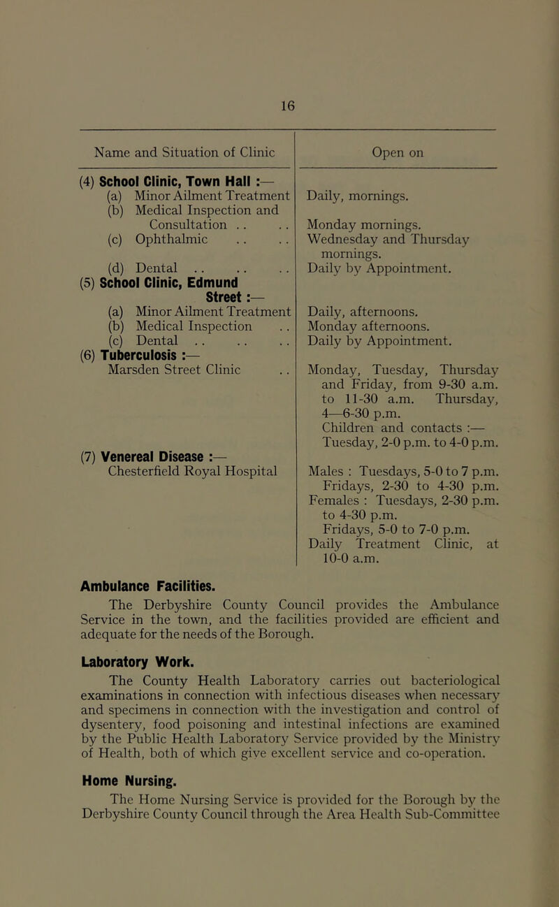 Name and Situation of Clinic Open on (4) School Clinic, Town Hall :— (a) Minor Ailment Treatment Daily, mornings. (b) Medical Inspection and Consultation .. Monday mornings. (c) Ophthalmic Wednesday and Thursday (d) Dental .. mornings. Daily b}'’ Appointment. (5) School Clinic, Edmund Street (a) Minor Ailment Treatment Daily, afternoons. (b) Medical Inspection Monday afternoons. (c) Dental Daily by Appointment. (6) Tuberculosis Marsden Street Clinic Monday, Tuesday, Thursday (7) Venereal Disease Chesterfield Royal Hospital and Friday, from 9-30 a.m. to 11-30 a.m. Thursday, 4—6-30 p.m. Children and contacts :— Tuesday, 2-0 p.m. to 4-0 p.m. Males ; Tuesdays, 5-0 to 7 p.m. Ambulance Facilities. Fridays, 2-30 to 4-30 p.m. Females : Tuesdays, 2-30 p.m. to 4-30 p.m. Fridays, 5-0 to 7-0 p.m. Daily Treatment Clinic, at 10-0 a.m. The Derbyshire County Council provides the Ambulance Service in the town, and the facilities provided are efficient and adequate for the needs of the Borough. Laboratory Work. The County Health Laboratory carries out bacteriological examinations in connection with infectious diseases when necessary and specimens in connection with the investigation and control of dysentery, food poisoning and intestinal infections are examined by the Public Health Laboratory Service provided by the Ministry of Health, both of which giye excellent service and co-operation. Home Nursing. The Home Nursing Service is provided for the Borough by the Derbyshire County Council through the Area Health Sub-Committee