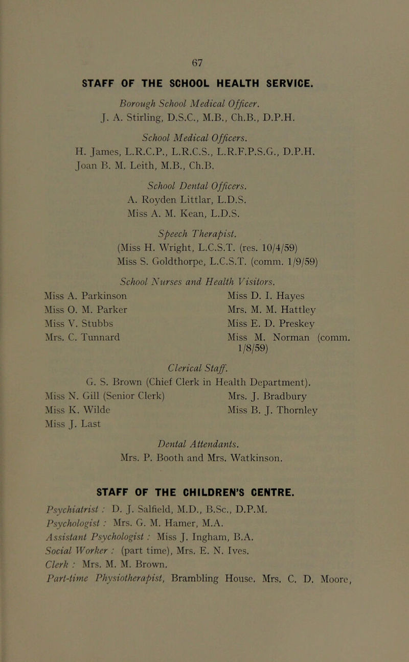 STAFF OF THE SCHOOL HEALTH SERVICE. Borough School Medical Officer. J. A. Stirling. D.S.C., M.B., Ch.B., D.P.H. School Medical Officers. H. James, L.R.C.P., L.R.C.S., L.R.F.P.S.G., D.P.H. Joan B. M. Leith, M.B., Ch.B. School Dental Officers. A. Royden Littlar, L.D.S. Miss A. M. Kean, L.D.S. Speech Therapist. (Miss H. Wright, L.C.S.T. (res. 10/4/59) Miss S. Goldthorpe, L.C.S.T. (comm. 1/9/59) School Nurses and Health Visitors. Miss A. Parkinson Miss 0. M. Parker Miss V. Stubbs Mrs. C. Timnard Miss D. 1. Hayes Mrs. M. M. Hattley Miss E. D. Preskey Miss M. Norman (comm. 1/8/59) Clerical Stajf. G. S. Brown (Chief Clerk in Health Department). Miss N. Gill (Senior Clerk) Mrs. J. Bradbury Miss K. Wilde Miss B. J. Thornley Miss J. Last Dental Attendants. Mrs. P. Booth and Mrs. Watkinson. STAFF OF THE CHILDREN’S CENTRE. Psychiatrist : D. J. Salfield, M.D., B.Sc., D.P.M. Psychologist : Mrs. G. M. Hamer, M.A. Assistant Psychologist : Miss J. Ingham, B.A. Social Worker : (part time), Mrs. E. N. Ives. Clerk : Mrs. M. M. Brown. Part-time Physiotherapist, Brambling House. Mrs. C. D. Moore,