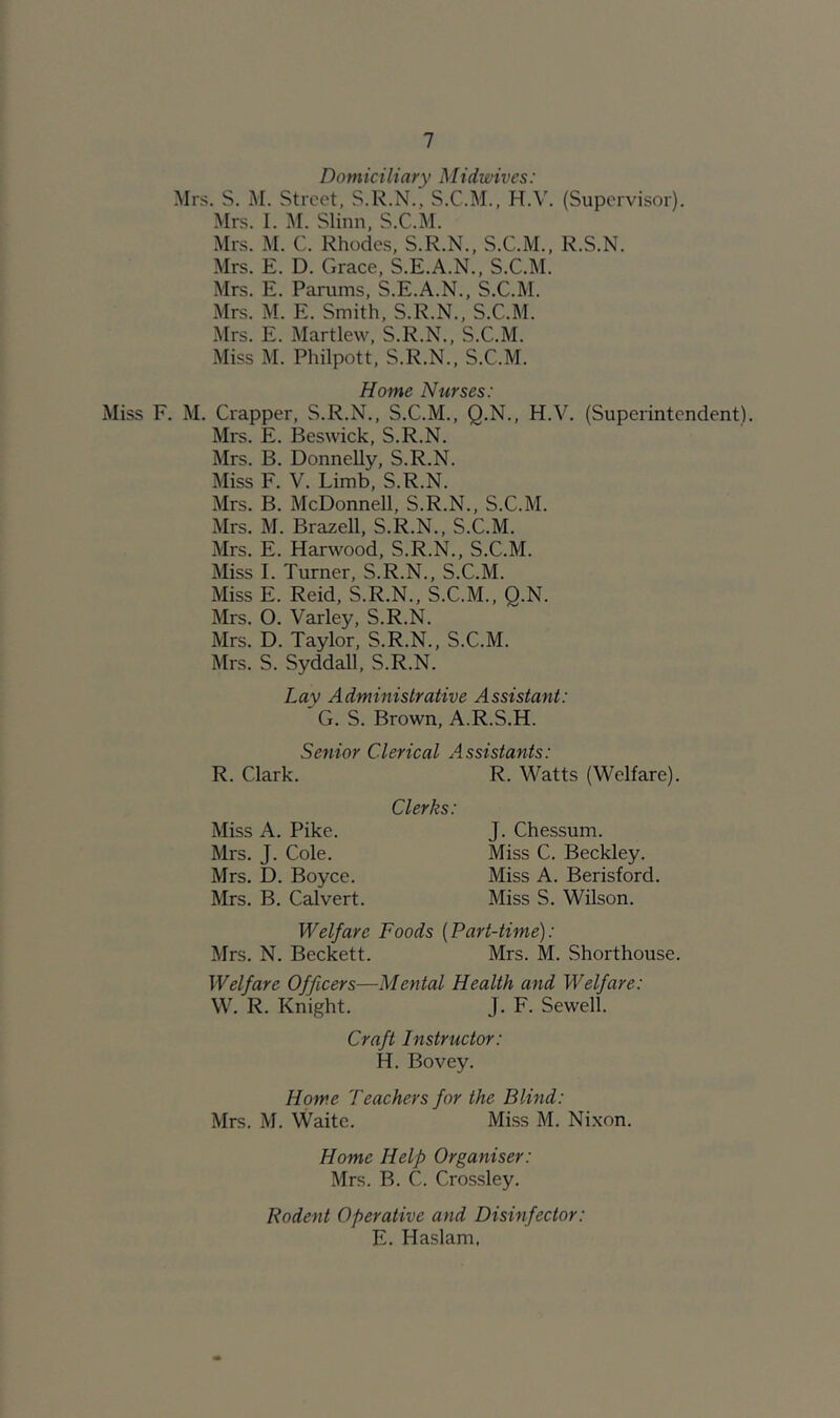 Domiciliary Midwives: Mrs. S. M. Street, S.R.N.. S.C.M., H.V. (Supervisor). Mrs. 1. M. Slinn, S.C.M. Mrs. M. C. Rhodes, S.R.N., S.C.M., R.S.N. Mrs. E. D. Grace, S.E.A.N., S.C.M. Mrs. E. Parums, S.E.A.N., S.C.M. Mrs. M. E. Smith, S.R.N., S.C.M. Mrs. E. Martlew, S.R.N., S.C.M. Miss M. Philpott, S.R.N., S.C.M. Home Nurses: Miss F. M. Crapper, S.R.N., S.C.M., Q.N., H.V. (Superintendent). Mrs. E. IBeswick, S.R.N. Mrs. B. DonneUy, S.R.N. Miss F. V. Limb, S.R.N. Mrs. B. McDonnell, S.R.N., S.C.M. Mrs. M. Brazell, S.R.N., S.C.M. Mrs. E. Harwood, S.R.N., S.C.M. Miss I. Turner, S.R.N., S.C.M. Miss E. Reid, S.R.N., S.C.M., Q.N. Mrs. O. Varley, S.R.N. Mrs. D. Taylor, S.R.N., S.C.M. Mrs. S. Syddall, S.R.N. Lay Administrative Assistant: G. S. Brown, A.R.S.H. R. Clark. Senior Clerical Assistants: R. Watts (Welfare). Clerks: Miss A. Pike. Mrs. J. Cole. Mrs. D. Boyce. Mrs. B. Calvert. J. Chessum. Miss C. Beckley. Miss A. Berisford. Miss S. Wilson. Welfare Foods [Part-time): Mrs. N. Beckett. Mrs. M. Shorthouse. Welfare Officers—Mental Health and Welfare: W. R. Knight. J. F. Sewell. Craft Instructor: H. Bovey. Home Teachers for the Blind: Mrs. M. Waite. Miss M. Ni.xon. Home Help Organiser: Mrs. B. C. Crossley. Rodent Operative and Disinfector: E. Haslam,