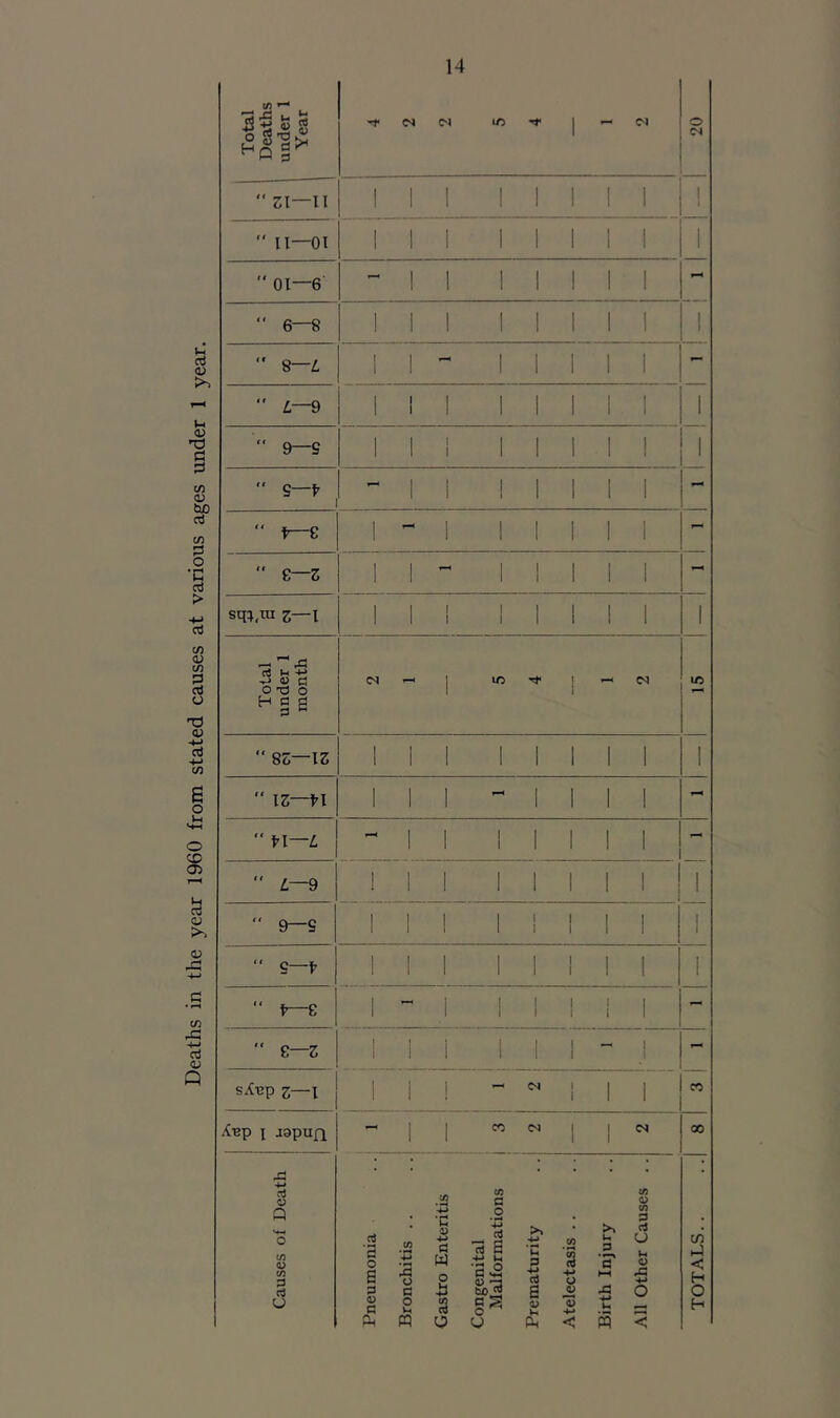 14 Total Deaths under 1 Year M M lO 1 — W 20 '• SI—II III 1 1 1 1 1 1 t 1  II—01 III 1 1 1 1 1  01—6 - 1 1 1 1 1 1 1 - “ 6—8 III 1 1 1 1 1 1 ” 8—^ 1 1 - 1 1 1 1 1 1 ” Z,—9 III 1 1 1 1 I  9—S III 1 1 1 1 1 1  S—I' 1 1 1 1 1 1 1  9—S III 1 1 1 1 1 1 •• g— III 1 1 1 1 1 1  V—£ 1-^1 1 1 1 1 1 - CO 1 ill 1 1 1 - I - sAup z—l II! - 1 1 1 CO /Cep 1 japuQ 1 1 CO (N 1 1 es 00 Causes of Death Pneumonia Bronchitis .. Gastro Enteritis Congenital Malformations Prematurity Atelectasis .. Birth Injury All Other Causes ., TOTALS..