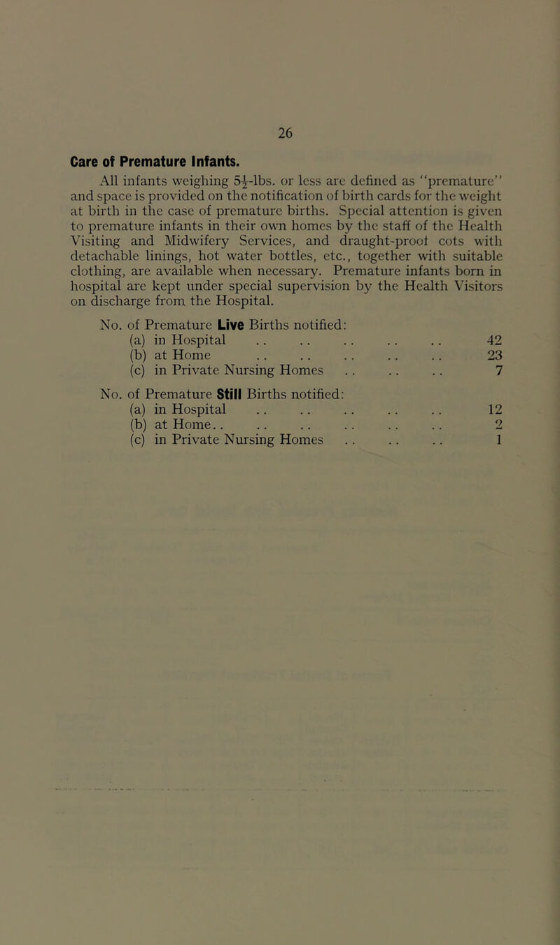 Care of Premature Infants. All infants weighing S-^^-lbs. or less are defined as premature” and space is provided on the notification of birth cards for the weight at birth in the case of premature births. Special attention is given to premature infants in their own homes by the staff of the Health Visiting and Midwifery Services, and draught-proof cots with detachable linings, hot water bottles, etc., together with suitable clothing, are available when necessary. Premature infants born in hospital are kept under special supervision by the Health Visitors on discharge from the Hospital. No. of Premature Live Births notified: (a) in Hospital .. .. .. .. .. 42 (b) at Home .. .. .. .. .. 23 (c) in Private Nursing Homes .. .. .. 7 No. of Premature Still Births notified: (a) in Hospital .. .. .. .. .. 12 (b) at Home.. .. .. .. .. .. 2 (c) in Private Nursing Homes .. .. .. 1