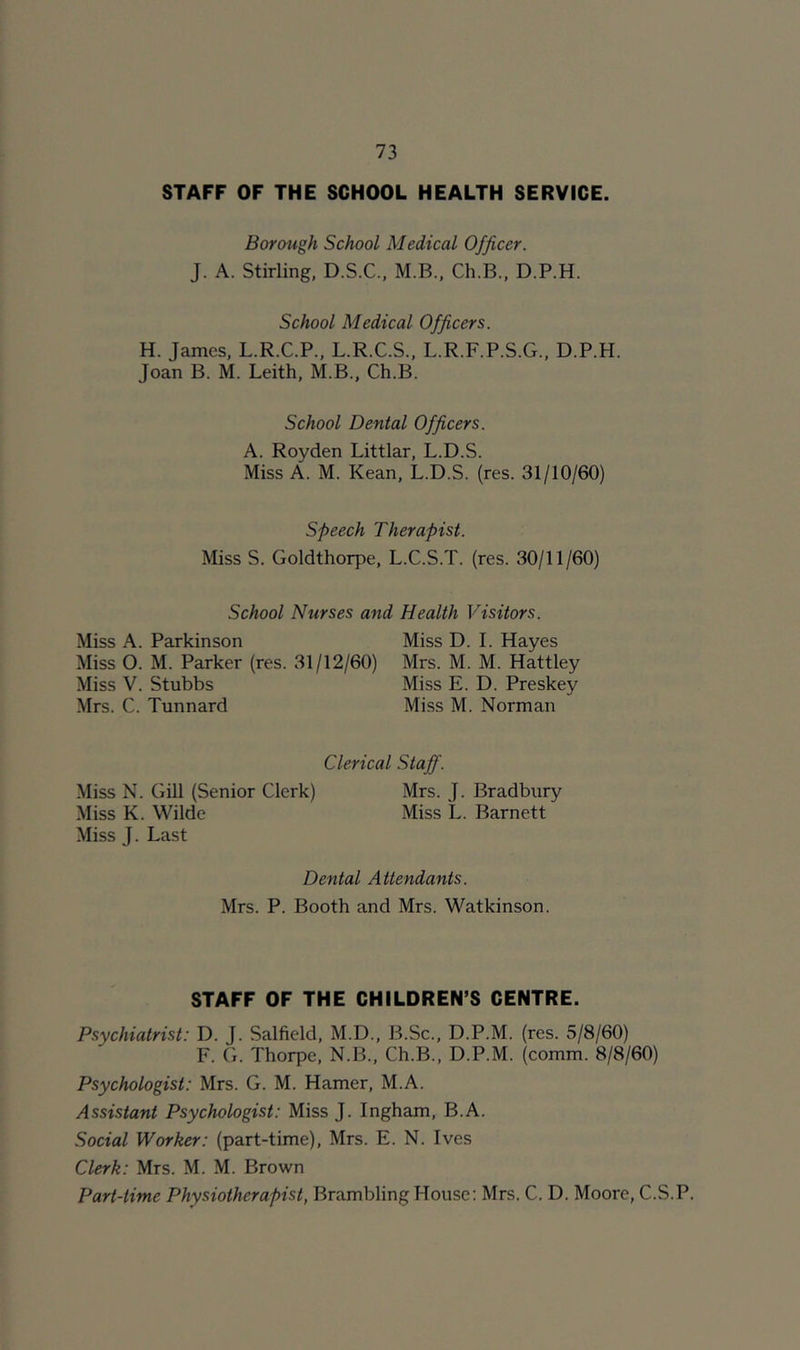 STAFF OF THE SCHOOL HEALTH SERVICE. Borough School Medical Officer. J. A. Stirling, D.S.C., M.B., Ch.B., D.P.H. School Medical Officers. H. James, L.R.C.P.. L.R.C.S., L.R.F.P.S.G., D.P.H. Joan B. M. Leith, M.B., Ch.B. School Dental Officers. A. Royden Littlar, L.D.S. Miss A. M. Kean, L.D.S. (res. 31/10/60) Speech Therapist. Miss S. Goldthorpe, L.C.S.T. (res. 30/11/60) School Nurses and Health Visitors. Miss A. Parkinson Miss D. 1. Hayes Miss O. M. Parker (res. 31/12/60) Mrs. M. M. Hattley Miss V. Stubbs Miss E. D. Preskey Mrs. C. Tunnard Miss M. Norman Clerical Staff. Miss N. Gill (Senior Clerk) Mrs. J. Bradbury Miss K. Wilde Miss L. Barnett Miss J. Last Dental Attendants. Mrs. P. Booth and Mrs. Watkinson. STAFF OF THE CHILDREN’S CENTRE. Psychiatrist: D. J. Salfield, M.D., B.Sc., D.P.M. (res. 5/8/60) F. G. Thorpe, N.B., Ch.B., D.P.M. (comm. 8/8/60) Psychologist: Mrs. G. M. Hamer, M.A. Assistant Psychologist: Miss J. Ingham, B.A. Social Worker: (part-time), Mrs. E. N. Ives Clerk: Mrs. M. M. Brown Part-time Physiotherapist, Brambling House: Mrs. C, D. Moore, C.S.P.