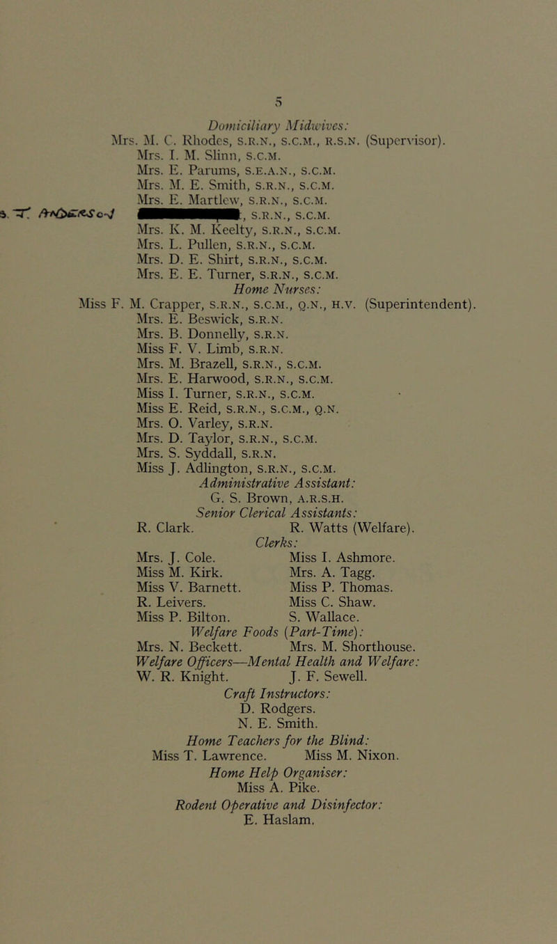 Domiciliary Midwives: Mrs. M. C. Rhodes, s.r.n., s.c.m., r.s.n. Mrs. I. M. Slinn, s.c.m. Mrs. E. Parums, s.e.a.n., s.c.m. Mrs. M. E. Smith, s.r.n., s.c.m. Mrs. E. Martlcw, s.r.n., s.c.m. S.R.N., S.C.M. Mrs. K. M. Keelty, s.r.n., s.c.m. Mrs. L. Pullen, s.r.n., s.c.m. Mrs. D. E. Shirt, S.R.N., s.c.m. Mrs. E. E. Turner, s.r.n., s.c.m. Home Nurses: Miss F. M. Crapper, s.r.n., s.c.m., q.n., h.v. Mrs. E. Beswick, s.r.n. Mrs. B. Donnelly, s.r.n. Miss F. V. Limb, s.r.n. Mrs. M. Brazell, s.r.n., s.c.m. Mrs. E. Harwood, s.r.n., s.c.m. Miss I. Turner, s.r.n., s.c.m. Miss E. Reid, s.r.n., s.c.m., q.n. Mrs. O. Varley, s.r.n. Mrs. D. Taylor, s.r.n., s.c.m. Mrs. S. Syddall, s.r.n. Miss J. Adlington, s.r.n., s.c.m. Administrative Assistant: (Super\'isor). (Superintendent). G. S. Brown, a.r.s.h. Senior Clerical Assistants: R. Clark. R. Watts (Welfare). Clerks: Mrs. J. Cole. Miss I. Ashmore. Miss M. Kirk. Mrs. A. Tagg. Miss V. Barnett. Miss P. Thomas. R. Leivers. Miss C. Shaw. Miss P. Bilton. S. Wallace. Welfare Foods {Part-Time): Mrs. N. Beckett. Mrs. M. Shorthouse. Welfare Officers—Mental Health and Welfare: W. R. Knight. J. F. Sewell. Craft Instructors: D. Rodgers. N. E. Smith. Home Teachers for the Blind: Miss T. Lawrence. Miss M. Nixon. Home Help Organiser: Miss A. Pike. Rodetit operative and Disinfector: E. Haslam.