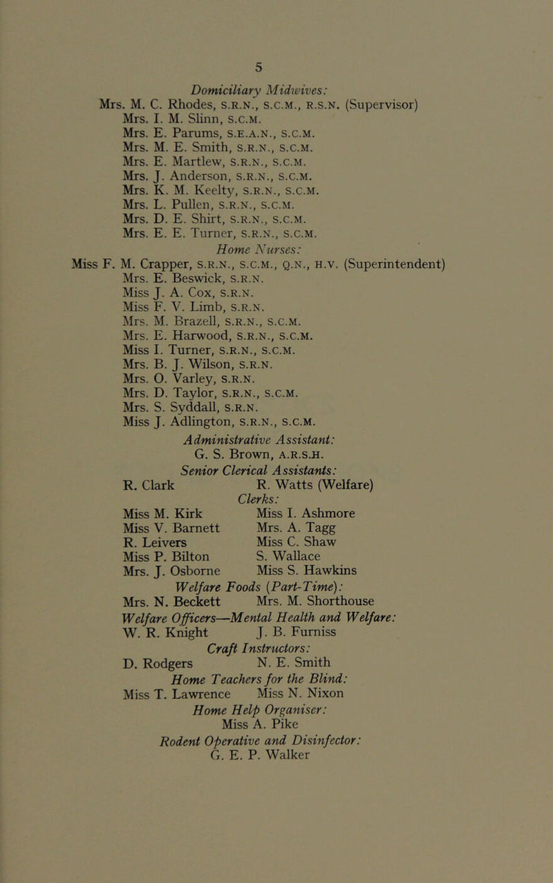 Domiciliary Midwives: Mrs. M. C. Rhodes, s.r.n., s.c.m., r.s.n. (Supervisor) Mrs. I. M. Slinn, s.c.m. Mrs. E. Parums, s.e.a.n., s.c.m. Mrs. M. E. Smith, s.r.n., s.c.m. Mrs. E. Martlew, s.r.n., s.c.m. Mrs. J. Anderson, s.r.n., s.c.m. Mrs. K. M. Iveelty, s.r.n., s.c.m. Mrs. L. Pullen, s.r.n., s.c.m. Mrs. D. E. Shirt, s.r.n., s.c.m. Mrs. E. E. Turner, s.r.n., s.c.m. Home Nurses: Miss F. M. Crapper, s.r.n., s.c.m., q.n., h.v. (Superintendent) Mrs. E. Beswick, s.r.n. Miss J. A. Cox, s.r.n. Miss F. V. Limb, s.r.n. Mrs. M. Brazell, s.r.n., s.c.m. Mrs. E. Harwood, s.r.n., s.c.m. Miss I. Turner, s.r.n., s.c.m. Mrs. B. J. Wilson, s.r.n. Mrs. O. Varley, s.r.n. Mrs. D. Taylor, s.r.n., s.c.m. Mrs. S. Syddall, s.r.n. Miss J. Adlington, s.r.n., s.c.m. Administrative Assistant: G. S. Brown, a.r.s.h. Senior R. Clark Miss M. Kirk Miss V. Barnett R. Lei vers Miss P. Bilton Mrs. J. Osborne Welfare Mrs. N. Beckett Clerical Assistants: R. Watts (Welfare) Clerks: Miss I. Ashmore Mrs. A. Tagg Miss C. Shaw S. Wallace Miss S. Hawkins Foods [Part-Time): Mrs. M. Shorthouse Welfare Officers—Mental Health and Welfare: W. R. Knight J. B. Furniss Craft Instructors: D. Rodgers N. E. Smith Home Teachers for the Blind: Miss T. Lawrence Miss N. Nixon Home Help Organiser: Miss A. Pike Rodent Operative and Disinfector: G. E. P. Walker