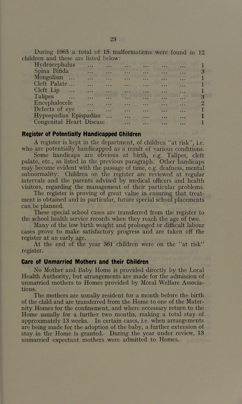 During 1965 a total of 15 malformations were found in 12 children and these arc listed below': Hydrocephalus ... ... 1 Spina Bifida ... ... ... ... ... ... 3 Mongolism ... ... ... ... ... ... ... l Cleft Palate... ... ... l Cleft Lip 1 TaUpes ... ... 3 Encephalocele ... ... 2 Defects of eye ... ... ... 1 Hypospadias Epispadias 1 Congenital Heart Disease 1 Register of Potentially Handicapped Children A register is kept in the department, of children at risk, i.e. who are potentially handicapped as a result of various conditions. Some handicaps are obvious at birth, e.g. Talipes, cleft palate, etc., as listed in the previous paragraph. Other handicaps may become evident with the passage of time, e.g. deafness, mental subnormality. Children on the register are review^ed at regular intervals and the parents advised by medical officers and health visitors, regarding the management of their particular problems. The register is proving of great value in ensuring that treat- ment is obtained and in particular, future special school placements can be planned. These special school cases are transferred from the register to the school health service records when they reach the age of two. Many of the low birth weight and prolonged or difficult labour cases prove to make satisfactory progress and are taken off the register at an early age. At the end of the year 361 children were on the at risk” register. Care of Unmarried Mothers and their Children No Mother and Baby Home is provided directly by the Local Health Authority, but arrangements are made for the admission of unmarried mothers to Homes provided by Moral Welfare Associa- tions. The mothers are usually resident for a month before the birth of the child and are transferred from the Home to one of the Mater- nity Homes for the confinement, and where necessary return to the Home usually for a further two months, making a total stay of approximately 13 weeks. In certain cases, i.e. when arrangements are being made for the adoption of the baby, a further extension of stay in the Home is granted. During the year under review, 13 unmarried expectant mothers were admitted to Homes.