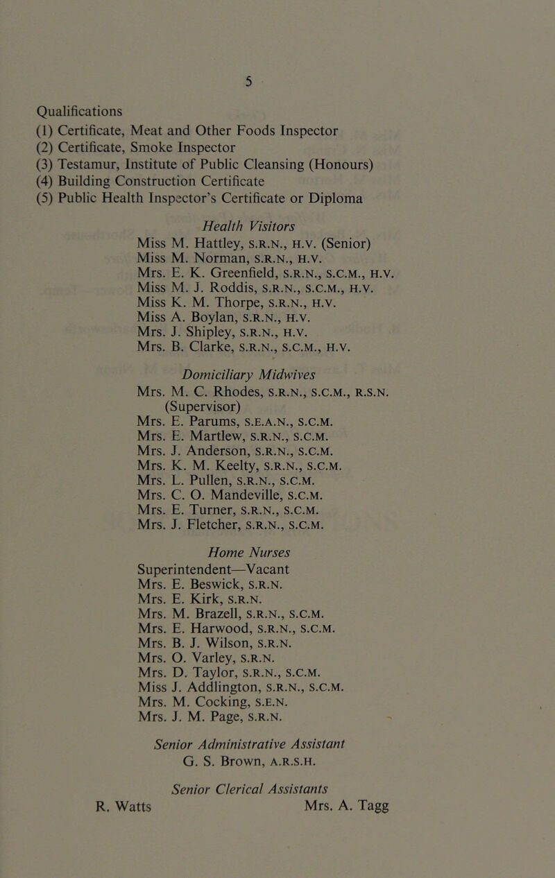 Qualifications (1) Certificate, Meat and Other Foods Inspector (2) Certificate, Smoke Inspector (3) Testamur, Institute of Public Cleansing (Honours) (4) Building Construction Certificate (5) Public Health Inspector’s Certificate or Diploma Health Visitors Miss M. Hattley, s.r.n., h.v. (Senior) Miss M. Norman, s.r.n., h.v. Mrs. E. K. Greenfield, s.r.n., s.c.m., h.v. Miss M. J. Roddis, s.r.n., s.c.m., h.v. Miss K. M. Thorpe, s.r.n., h.v. Miss A. Boylan, s.r.n., h.v. Mrs. J. Shipley, s.r.n., h.v. Mrs. B. Clarke, s.r.n., s.c.m., h.v. Domiciliary Midwives Mrs. M. C. Rhodes, s.r.n., s.c.m., r.s.n. (Supervisor) Mrs. E. Parums, s.e.a.n., s.c.m. Mrs. E. Martlew, s.r.n., s.c.m. Mrs. J. Anderson, s.r.n., s.c.m. Mrs. K. M. Keelty, s.r.n., s.c.m. Mrs. L. Pullen, s.r.n., s.c.m. Mrs. C. O. Mandeville, s.c.m. Mrs. E. Turner, s.r.n., s.c.m. Mrs. J. Fletcher, s.r.n., s.c.m. Home Nurses Superintendent—Vacant Mrs. E. Beswick, s.r.n. Mrs. E. Kirk, s.r.n. Mrs. M. Brazell, s.r.n., s.c.m. Mrs. E. Harwood, s.r.n., s.c.m. Mrs. B. J. Wilson, s.r.n. Mrs. O. Varley, s.r.n. Mrs. D. Taylor, s.r.n., s.c.m. Miss J. Addlington, s.r.n., s.c.m. Mrs. M. Cocking, s.e.n. Mrs. J. M. Page, s.r.n. Senior Administrative Assistant G. S. Brown, a.r.s.h. Senior Clerical Assistants Mrs. A. Tagg R, Watts