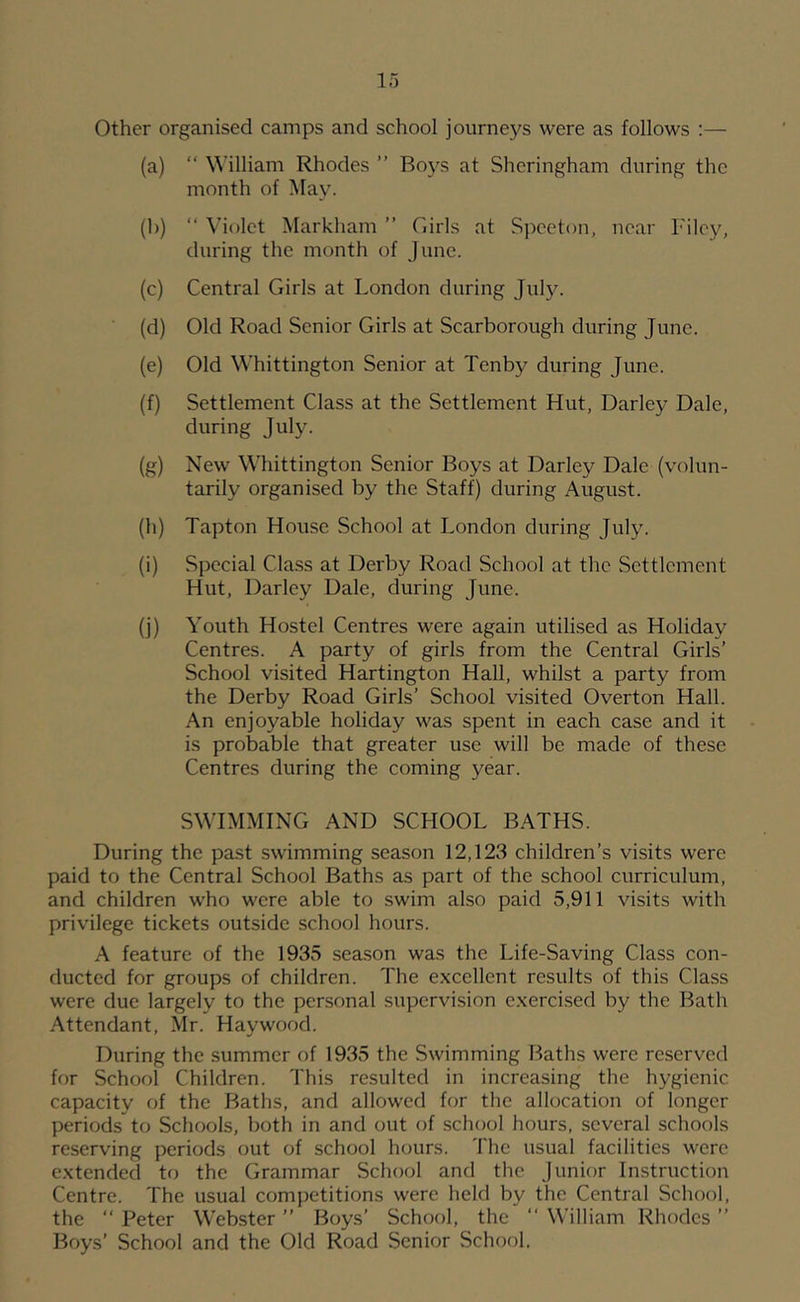 Other organised camps and school journeys were as follows :— (a) “ William Rhodes ” Boys at Sheringham during the month of May. (b) “ V’iolet Markham ” Ciirls at Speeton, near Filey, during the month of June. (c) Central Girls at London during July. (d) Old Road Senior Girls at Scarborough during June. (e) Old Whittington Senior at Tenby during June. (f) Settlement Class at the Settlement Hut, Barley Dale, during July. (g) New Whittington Senior Boys at Barley Dale (volun- tarily organised by the Staff) during August. (h) Tapton House School at London during July. (i) Special Class at Derby Road School at the Settlement Hut, Barley Dale, during June. (j) Youth Hostel Centres were again utilised as Holiday Centres. A party of girls from the Central Girls’ School visited Hartington Hall, whilst a party from the Derby Road Girls’ School visited Overton Hall. An enjoyable holiday was spent in each case and it is probable that greater use will be made of these Centres during the coming year. SWIMMING AND SCHOOL BATHS. During the past swimming season 12,123 children’s visits were paid to the Central School Baths as part of the school curriculum, and children who were able to swim also paid 5,911 visits with privilege tickets outside school hours. A feature of the 1935 sea.son was the Life-Saving Class con- ducted for groups of children. The excellent results of this Class were due largely to the personal supervision exercised by the Bath Attendant, Mr. Haywood. During the summer of 1935 the Swimming Baths were reserved for School Children. This resulted in increasing the hygienic capacity of the Baths, and allowed for the allocation of longer periods to Schools, both in and out of school hours, several schools reserving periods out of school hours. The usual facilities were extended to the Grammar School and the Junior Instruction Centre. The usual competitions were held by the Central School, the “ Peter Webster ” Boys’ School, the “ William Rhodes ” Boys’ School and the Old Road Senior School.