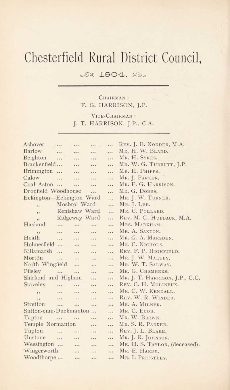 Chesterfield Rural District Council, eAFX 1904. XcLd Chairman : F. G. HARRISON, J.P. Vice-Chairman : J. T. HARRISON, J.P., C.A. Ashover Barlow Beighton Brackenfield... Brimington ... Calow Coal Aston ... Dronfield Woodhonse Eckington—Eckington Ward ,, Mosbro’ Ward ,, Renishaw Ward ,, Ridgeway Ward Hasland 5 5 ••• ••• Heath Holmesfield ... Killamarsh ... Morton North Wingfield Pilsley Shirland and Higham Staveley 55 ••• ••• ••• 55 ••• ••• ••• Stretton Sutton-cum-Duckmanton ... Tapton Temple Normanton Tupton Unstone Wessington ... Wingerworth Rev. J. B. Nodder, M.A. Mr. H. W. Bland. Mr. H. Sykes. Mr. W. G. Turbutt, J.P. Mr. H. Phipps. Mr. J. Parker. Mr. F. G. Harrison. Mr. G. Dobbs. Mr. J. W. Turner. Mr. J. Lee. Mr. C. Pollard. Rev. M. G. Hubback, M.A. Mrs. Markham. Mr. A. Saxton. Mr. G. A. Marsden. Mr. C. Nichols. Rev. F. P. Highfield. Mr. J. W. Maltby. Mr. W. T. Salway. Mr. G. Chambers. Mr. J. T. Harrison, J.P., C.C. Rev. C. H. Molineux. Mr. C. W. Kendall. Rev. W. R. Winder. Mr. A. Milner. Mr. C. Ecob. Mr. W. Brown. Mr. S. R. Parker. Rev. J. L. Blake. Mr. J. R. Johnson. Mr. H. S. Taylor, (deceased). Mr. E. Hardy.