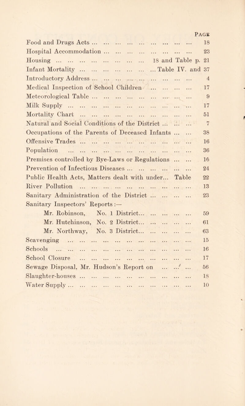 Page Food and Drugs Acts 18 Hospital Accommodation 23 Housing 18 and Table p. 21 Infant Mortality Table IV. and 37 Introductory Address 4 Medical Inspection of School Children 17 Meteorological Table 9 Milk Supply 17 Mortality Chart 51 Natural and Social Conditions of the District 7 Occupations of the Parents of Deceased Infants 38 Offensive Trades ... 16 Population 36 Premises controlled by Bye-Laws or Regulations 16 Prevention of Infectious Diseases 24 Public Health Acts, Matters dealt with under... Table 22 River Pollution 13 Sanitary Administration of the District 23 Sanitary Inspectors’ Reports :— Mr. Robinson, No. 1 District 59 Mr. Hutchinson, No. 2 District 61 Mr. Northway, No. 3 District 63 Scavenging 15 Schools 16 School Closure 17 Sewage Disposal, Mr. Hudson’s Report on * ... 56 Slaughter-houses 18