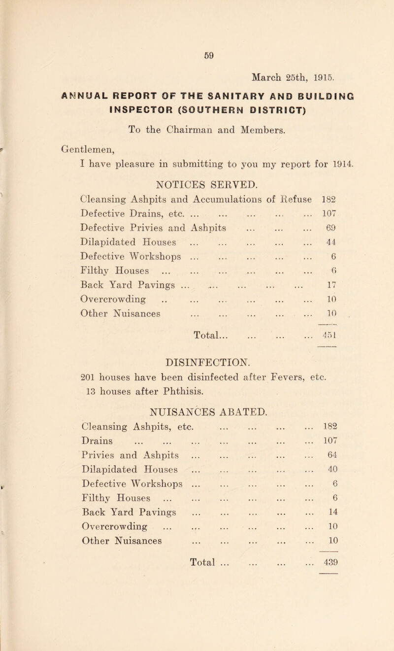 March 25th, 1915. ANNUAL REPORT OF THE SANITARY AND BUILDING INSPECTOR (SOUTHERN DISTRICT) To the Chairman and Members. Gentlemen, I have pleasure in submitting to you my report for 1914. NOTICES SERVED. Cleansing Ashpits and Accumulations of Refuse 182 Defective Drains, etc. ... ... ... ... ... 107 Defective Privies and Ashpits 69 Dilapidated Houses ... ... ... ... ... 44 Defective Workshops ... ... ... ... ... 6 Filthy Houses ... ... ... ... ... ... 6 Back Yard Pavings 17 Overcrowding .. ... ... ... ... ... 10 Other Nuisances 10 Total... ... ... ... 451 DISINFECTION. 201 houses have been disinfected after Fevers, etc. 13 houses after Phthisis. NUISANCES ABATED. Cleansing Ashpits, etc. 182 Drains 107 Privies and Ashpits 64 Dilapidated Houses ... ... ... ... ... 40 Defective Workshops ... ... ... ... ... 6 Filthy Houses ... ... ... ... ... ... 6 Back Yard Pavings 14 Overcrowding ... 10 Other Nuisances 10 Total ... 439