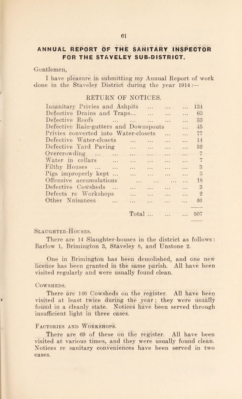 ANNUAL REPORT OF THE SANITARY INSPECTOR FOR THE STAYELEY SUB-DISTRICT. 'Gentlemen, I have pleasure in submitting my Annual Report of work •done in the Staveley District during the year 1914:— RETURN OF NOTICES. Insanitary Privies and Ashpits Defective Drains and Traps... Defective Roofs Defective Rain-gutters and Downspouts Privies converted into Water-closets Defective Water-closets Defective Yard Paving Overcrowding Water in cellars Filthy Houses Pigs improperly kept ... Offensive accumulations Defective Cowsheds Defects re Workshops Other Nuisances 134 63 33 45 77 14 52 h7 / 7 3 3 18 3 2 46 Total ... 507 Slaughter-Houses. There are 14 Slaughter-houses in the district as follows : Barlow 1, Brimington 3, Staveley 8, and Unstone 2. One in Brimington has been demolished, and one new licence has been granted in the same parish. All have been visited regularly and were usually found clean. Cowsheds. There are 146 Cowsheds on the register. All have been visited at least twice during the year; they were usually found in a cleanly state. Notices have been served through insufficient light in three cases. Factories and Workshops. There are 69 of these on the register. All have been visited at various times, and they were usually found clean. Notices re sanitary conveniences have been served in two cases.