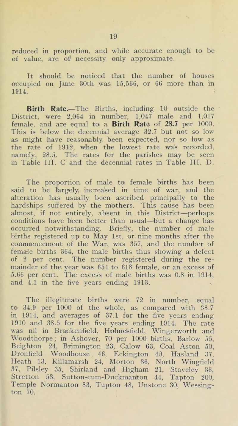 reduced in proportion, and while accurate enough to be of value, are of necessity only approximate. It should be noticed that the number of houses occupied on June 30th was 15,560, or 66 more than in 1914. Birth Rate.—The Births, including 10 outside the District, were 2,064 in number, 1,047 male and 1,017 female, and are equal toi a Birth Rate of 28.7 per 1000. This is below the decennial average 32.7 but not so low as might have reasonably been expected, nor so low as the rate of 1912, when the lowest rate was recorded, namely, 28.5.. The rates for the parishes may be seen in Table III. C and the decennial rates in Table III. D. The proportion of male to female births has been said to be largely, increased in time of war, and the alteration has usually been ascribed principally to the hardships suffered by the mothers. This cause has been almost, if not entirely, absent in this District—perhaps conditions have been better than usual—but a change has occurred notwithstanding. Briefly, the number of male births registered up to May 1st, or nine months after the commencement of the War, was 357, and the number of female births 364, the male births thus showing a defect of 2 per cent. The number registered during the re- mainder of the year was 654 to 618 female, or an excess of 5.66 per cent. The excess of male births was 0.8 in 1914, and 4.1 in the five years ending 1913. The illegitmate births were 72 in number, equal to 34.9 per 1000 of the whole, as compared with 38.7 in 1914, and averages of 37.1 for the five years ending 1910 and 38.5 for the five years ending 1914. The rate was nil in Bracke'n'field, HoimOsfield, Wingerworth and Woodthorpe; in Ashover, 70 per 1000 births, Barlow 55, Beighton 24, Brimington 23, Calow 63, Coal Aston 50, Dronfield Woodhouse 46, Eckington 40, Hasland 37, Heath 13. Killamarsh 24, Morton 36, North Wingfield 37, Pilsley 35, Shirland and Higham 21, Staveley 36, Stretton 53, Sutton-cum-Duckman'ton 44, Tapton 200. Temple Normanton 83, Tupton 48, Unstone 30, Wessing- ton 70.