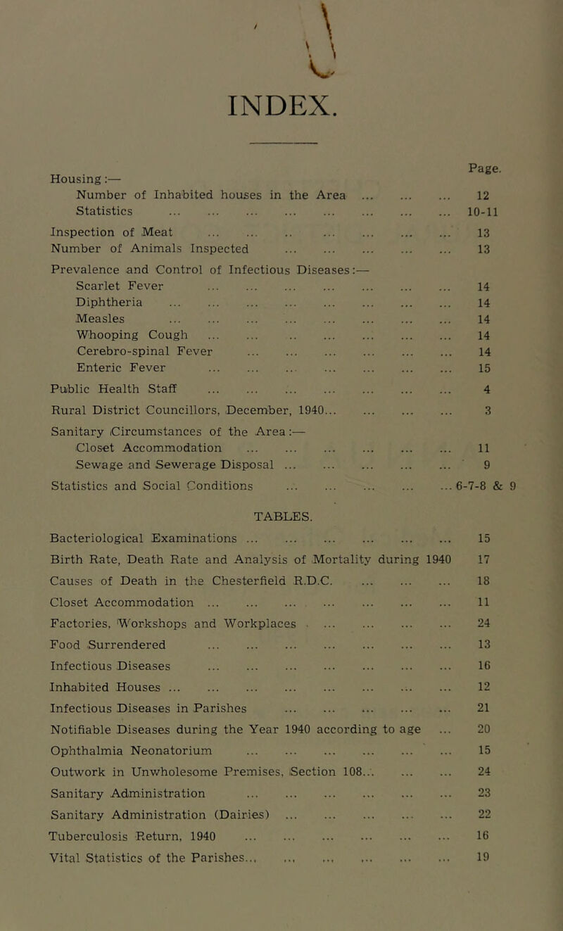 INDEX Page. Housing:— Number of Inhabited houses in the Area ... 12 Statistics 10-11 Inspection of Meat 13 Number of Animals Inspected 13 Prevalence and Control of Infectious Diseases;— Scarlet Fever 14 Diphtheria 14 Measles 14 Whooping Cough 14 Cerebro-spinal Fever 14 Enteric Fever ... ... ... ... ... ... ... 15 Public Health Staff 4 Rural District Councillors, December, 1940 3 Sanitary Circumstances of the Area:— Closet Accommodation ... ... ... ... 11 Sewage and Sewerage Disposal 9 Statistics and Social Conditions 6-7-8 & 9 TABLES. Bacteriological Examinations ... ... 15 Birth Rate, Death Rate and Analysis of Mortality during 1940 17 Causes of Death in the Chesterfield R.D.C. ... 18 Closet Accommodation ... ... ... ... ... 11 Factories, 'Workshops and Workplaces 24 Food Surrendered ... ... ... ... 13 Infectious Diseases ... ... ... ... ... ... ... 16 Inhabited Houses 12 Infectious Diseases in Parishes 21 Notifiable Diseases during the Year 1940 according to age ... 20 Ophthalmia Neonatorium 15 Outwork in Unwholesome Premises, Section 108.. 24 Sanitary Administration 23 Sanitary Administration (Dairies) 22 Tuberculosis Return, 1940 16 Vital Statistics of the Parishes.., 19