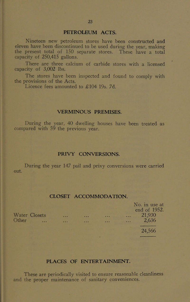 PETROLEUM ACTS. Nineteen new petroleum stores have been constructed and eleven have been discontinued to be used during the year, making the present total of 150 separate stores. These have a total capacity of 250,415 gallons. There are three calcium of carbide stores with a licensed capacity of 3,002 lbs. The stores have been inspected and found to comply with the provisions of the Acts. Licence fees amounted to £104 19s. 7d. VERMINOUS PREMISES. During the year, 40 dwelling houses have been treated as compared with 59 the previous year. PRIVY CONVERSIONS. During the year 147 pail and privy conversions were carried out. CLOSET ACCOMMODATION. No. in use at end of 1952. Water Closets ... ... ... ... 21,930 Other ... ... ... ... ... 2,636 24,566 PLACES OF ENTERTAINMENT. These are periodically visited to ensure reasonable cleanliness and the proper maintenance of sanitary conveniences.