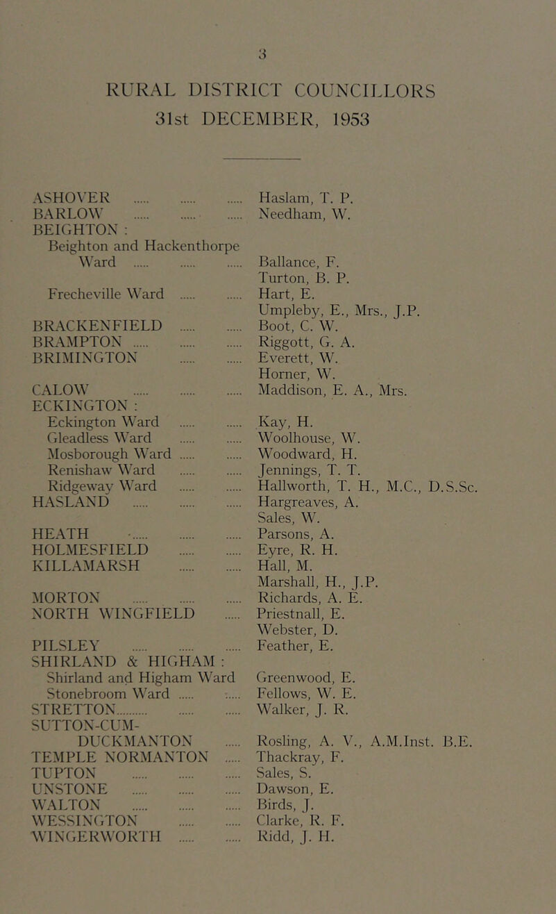 RURAL DISTRICT COUNCILLORS 31st DECEMBER, 1953 ASHO\’ER BARLOW BEIGHTON : Beighton and Hackenthorpe Ward Frecheville Ward BRACKENFIELD BRAMPTON BRIMINGTON CALOW EC KINGTON : Eckington Ward Gleadless Ward Mosborough M'ard Renishaw Ward Ridgeway Ward HASTAND HEATH HOLMESFIELD KILLAMARSH MORTON NORTH WINGFIELD PILSLEY SHi'rLAND & HIGHAM : Shirland and Higham Ward Stonebroom Ward STRETTON SUTTON-CUM- DUCKMANTON TEMPLE NORMANTON TUPTON UNSTONE WALTON WESSINGTON WINGERWORTH Haslain, T. P. Needham, W. Ballance, F. Turton, B. P. Hart, E. Umpleby, E., Mrs., J.P. Boot, C. W. Riggott, G. A. Everett, W. Horner, W. Maddison, E. A., Mrs. Kay, H. Woolhouse, W. Woodward, H. Jennings, T. T. Hallworth, T. H., M.C., D.S.Sc. Hargreaves, A. Sales, W. Parsons, A. Eyre, R. H. Hall, M. Marshall, H., J.P. Richards, A. E. Priestnall, E. Webster, D. Feather, E. Greenwood, E. Fellows, W. E. Walker, J. R. Rosling, A. V., A.M.Inst. B.E. Thackray, F. Sales, S. Dawson, E. Birds, J. Clarke,^ R. F. Ridd, J. H.